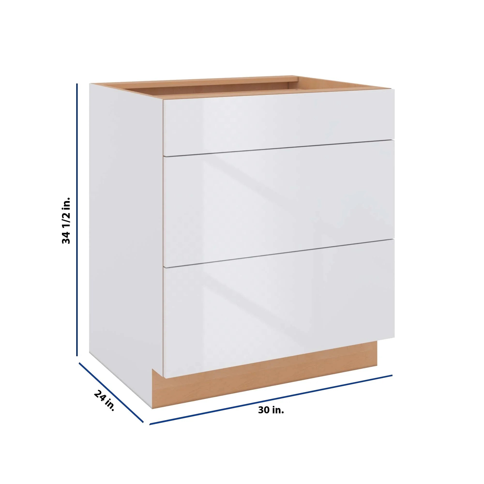 Modernform Cabinet Gloss White 30" W X 34 1/2" H X 24" D 3 Drawer Base Cabinet