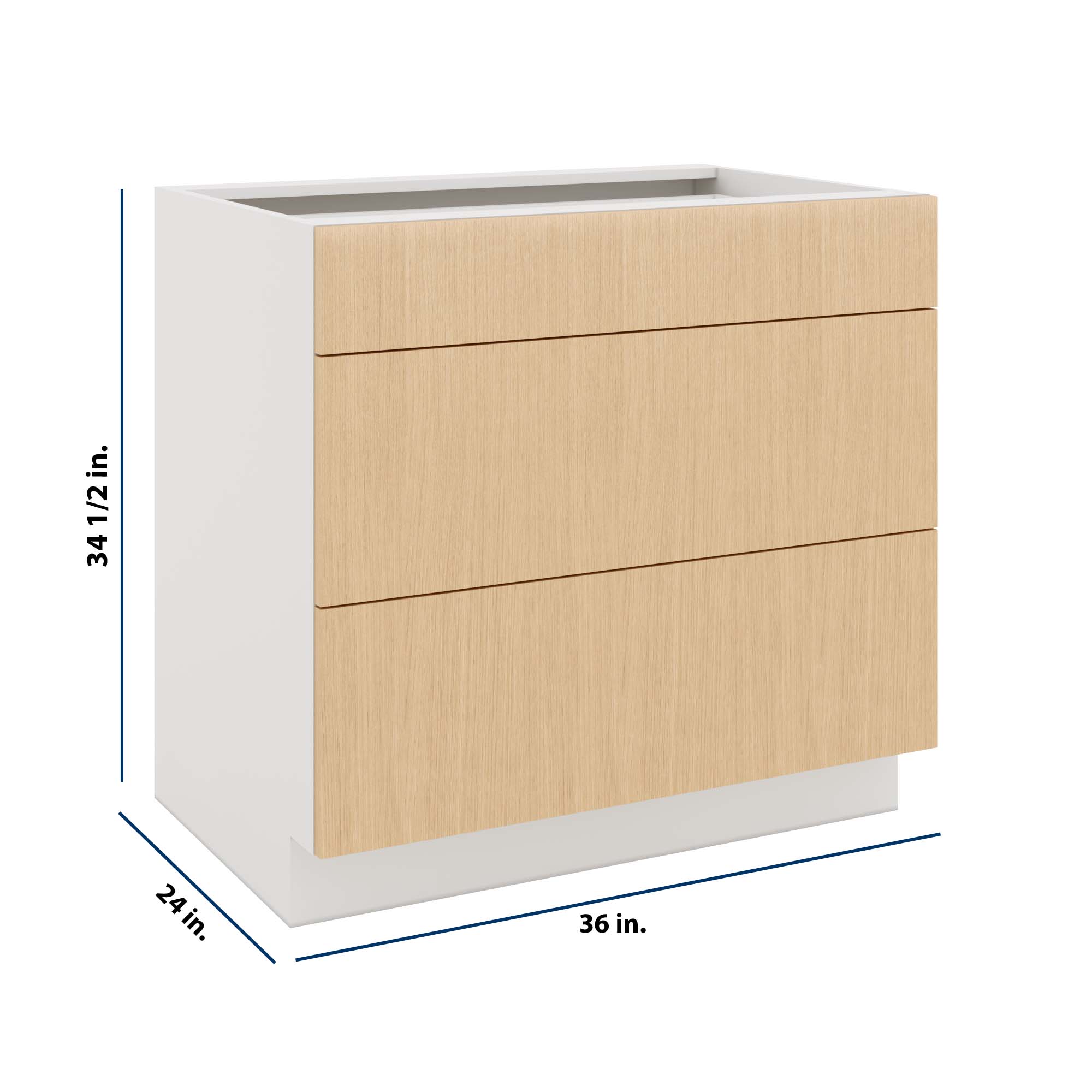 Modernform Cabinet Natural Oak 36" W X 34 1/2" H X 24" D 3 Drawer Base Cabinet