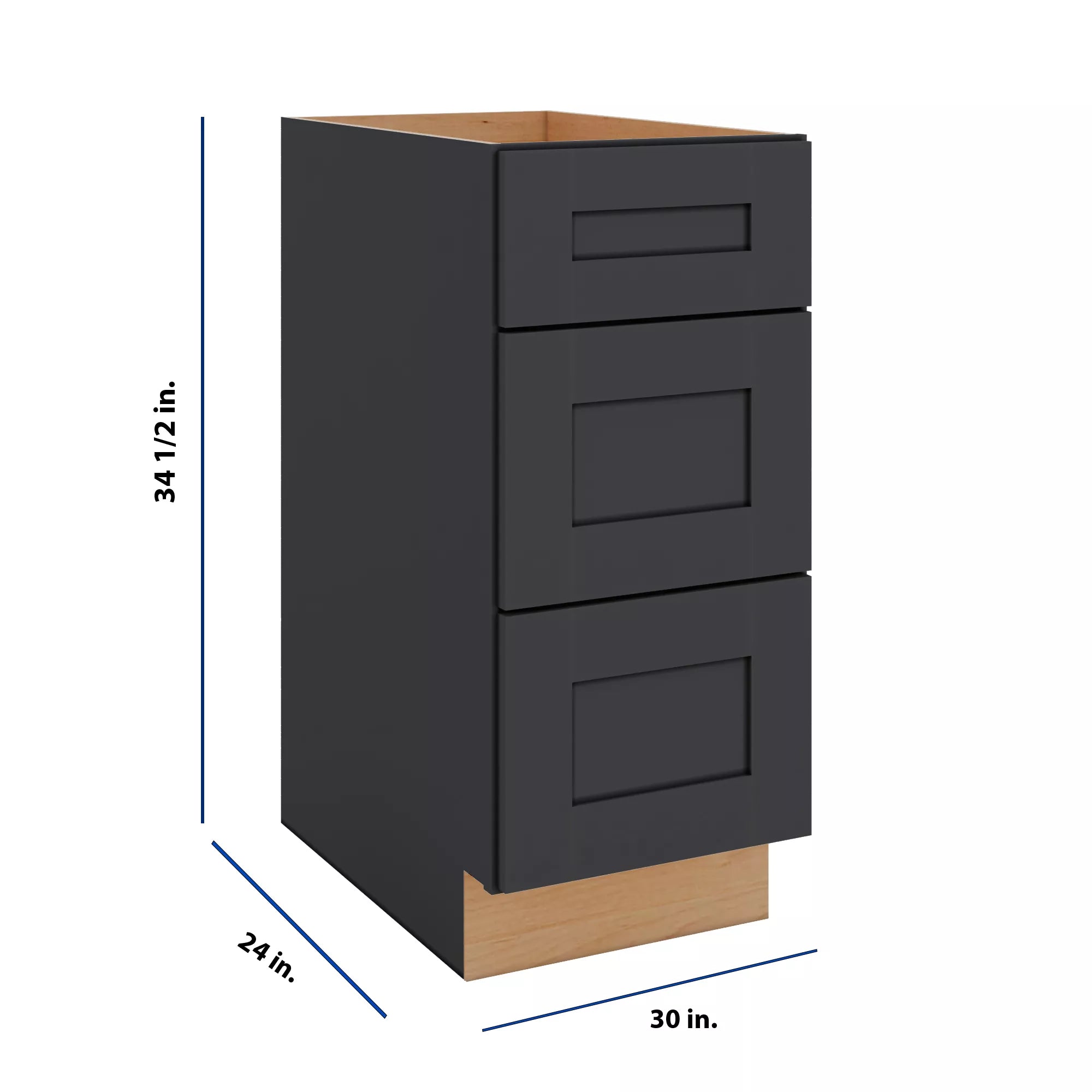 Modernform Cabinet Onyx Black Shaker 30" W X 34 1/2" H X 24" D 3 Drawer Base Cabinet