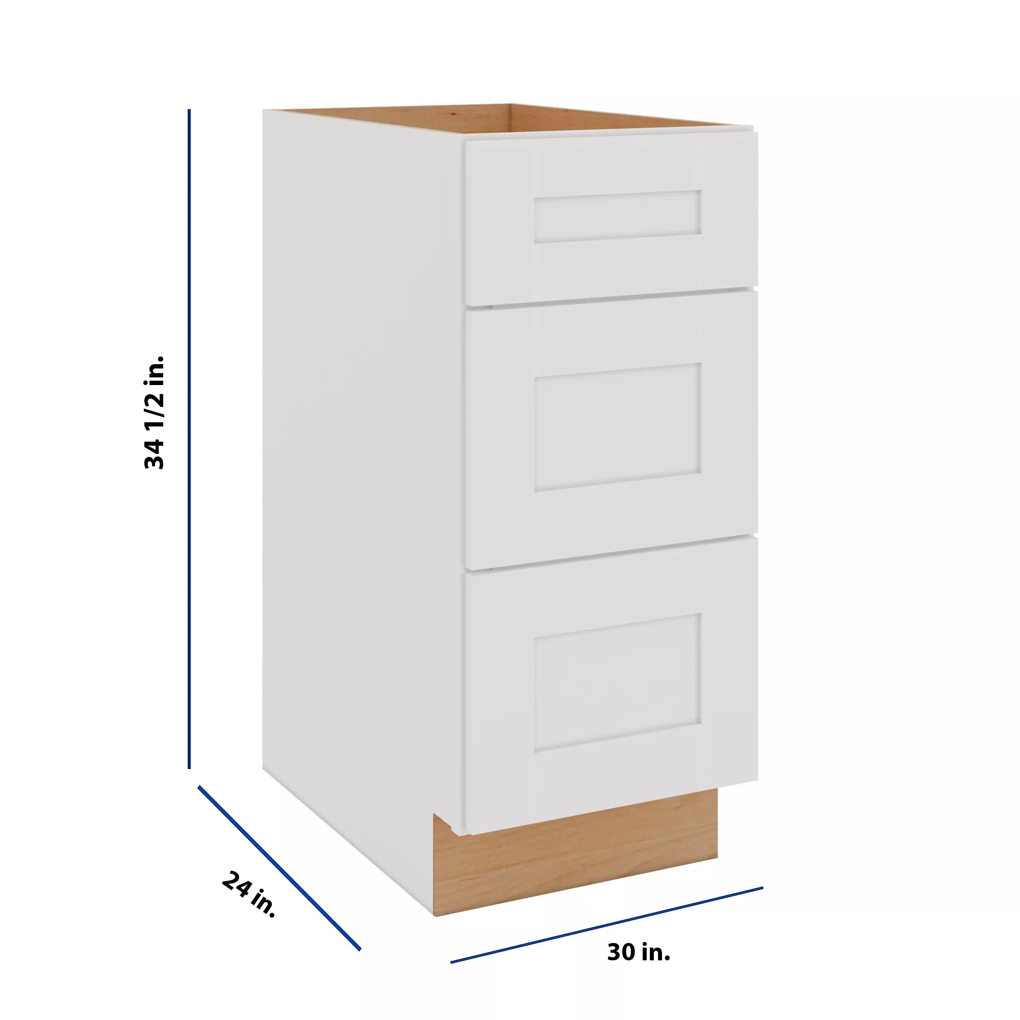 Modernform Cabinet White Shaker 30" W X 34 1/2" H X 24" D 3 Drawer Base Cabinet