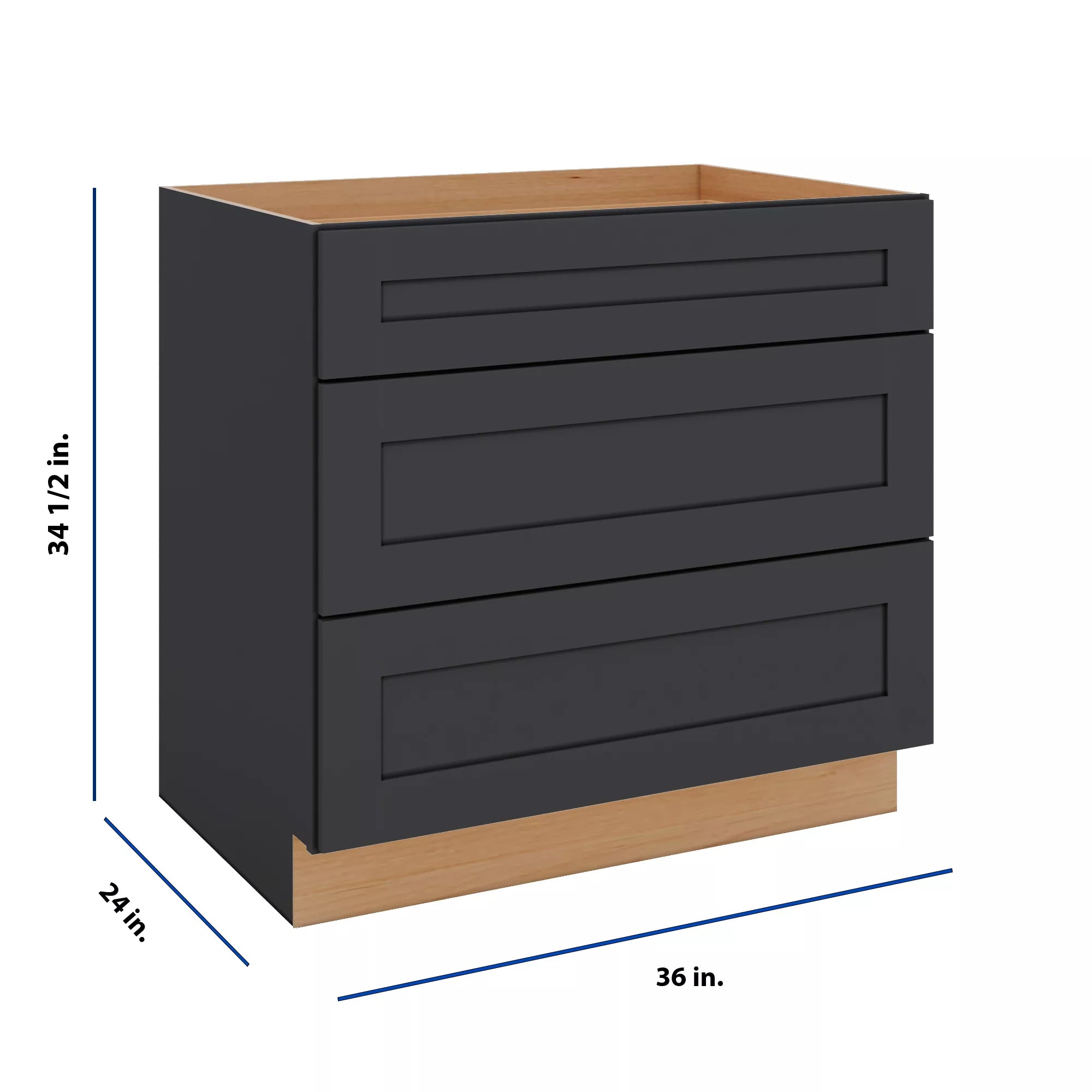 Modernform Cabinet Onyx Black Shaker 36" W X 34 1/2" H X 24" D 3 Drawer Base Cabinet