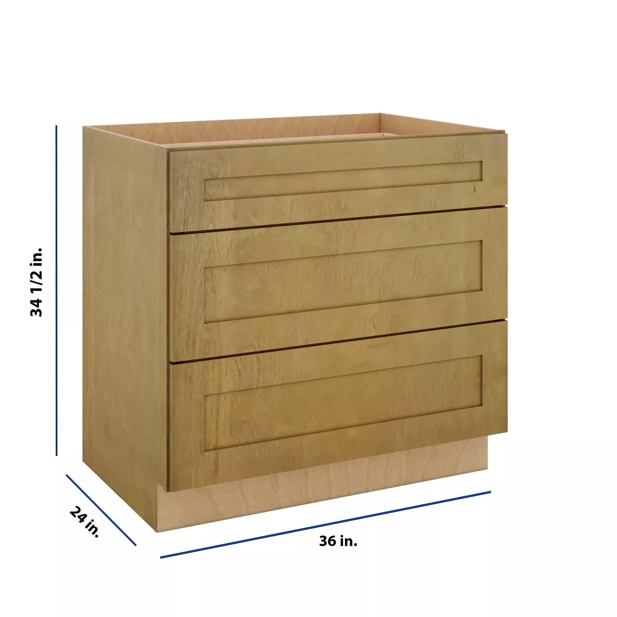 Modernform Cabinet Natural Shaker 36" W X 34 1/2" H X 24" D 3 Drawer Base Cabinet