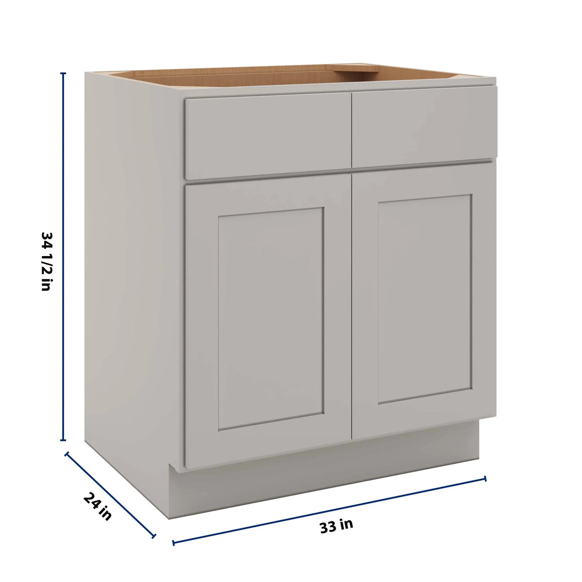 cnc luxor misty grey 33 w 2 drawer double door base cabinet w 1 pullout shelf