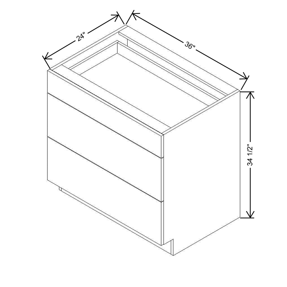 Modernform Cabinet Walnut 36" W X 34 1/2" H X 24" D  3 Drawer Base Cabinet