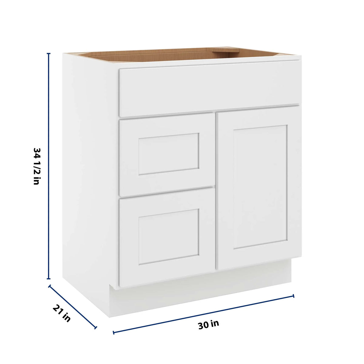 cnc luxor white 30 w single door 2 drawers left vanity sink base cabinet
