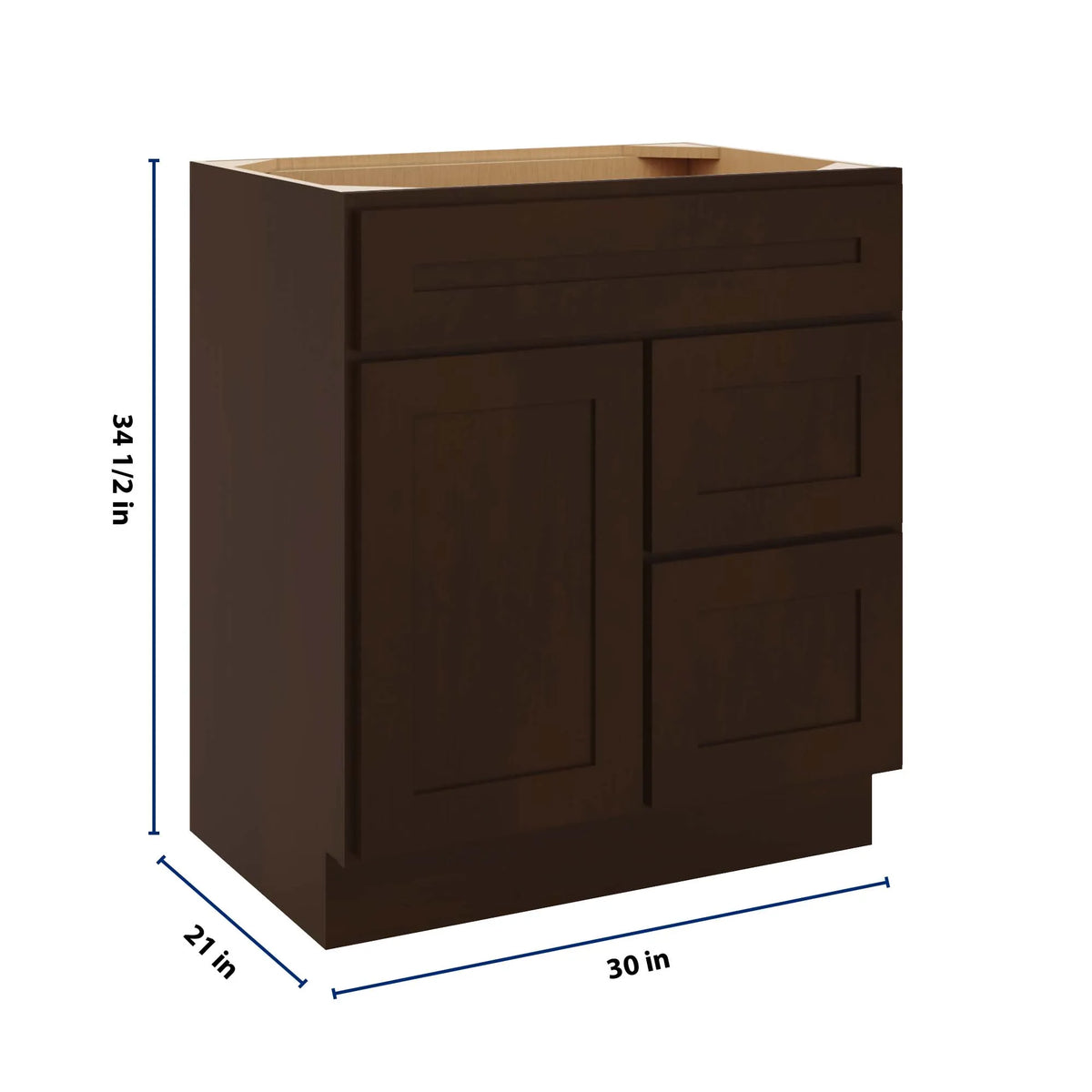 CNC Luxor 5-Piece Espresso 30" W Single Door 2 Drawers Right Vanity Sink Base Cabinet