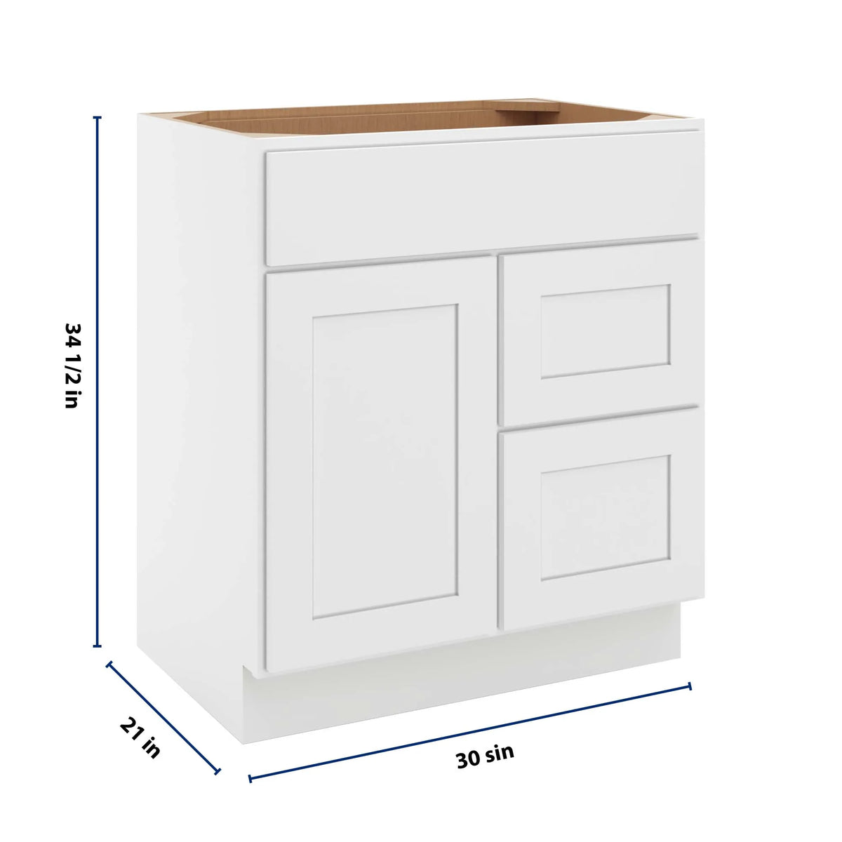 cnc luxor white 30 w single door 2 drawers right vanity sink base cabinet