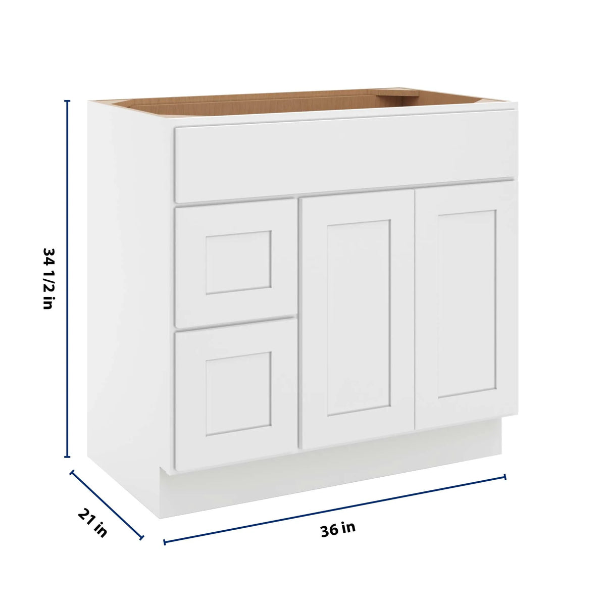 cnc luxor white 36 w double door 2 drawers left vanity sink base cabinet