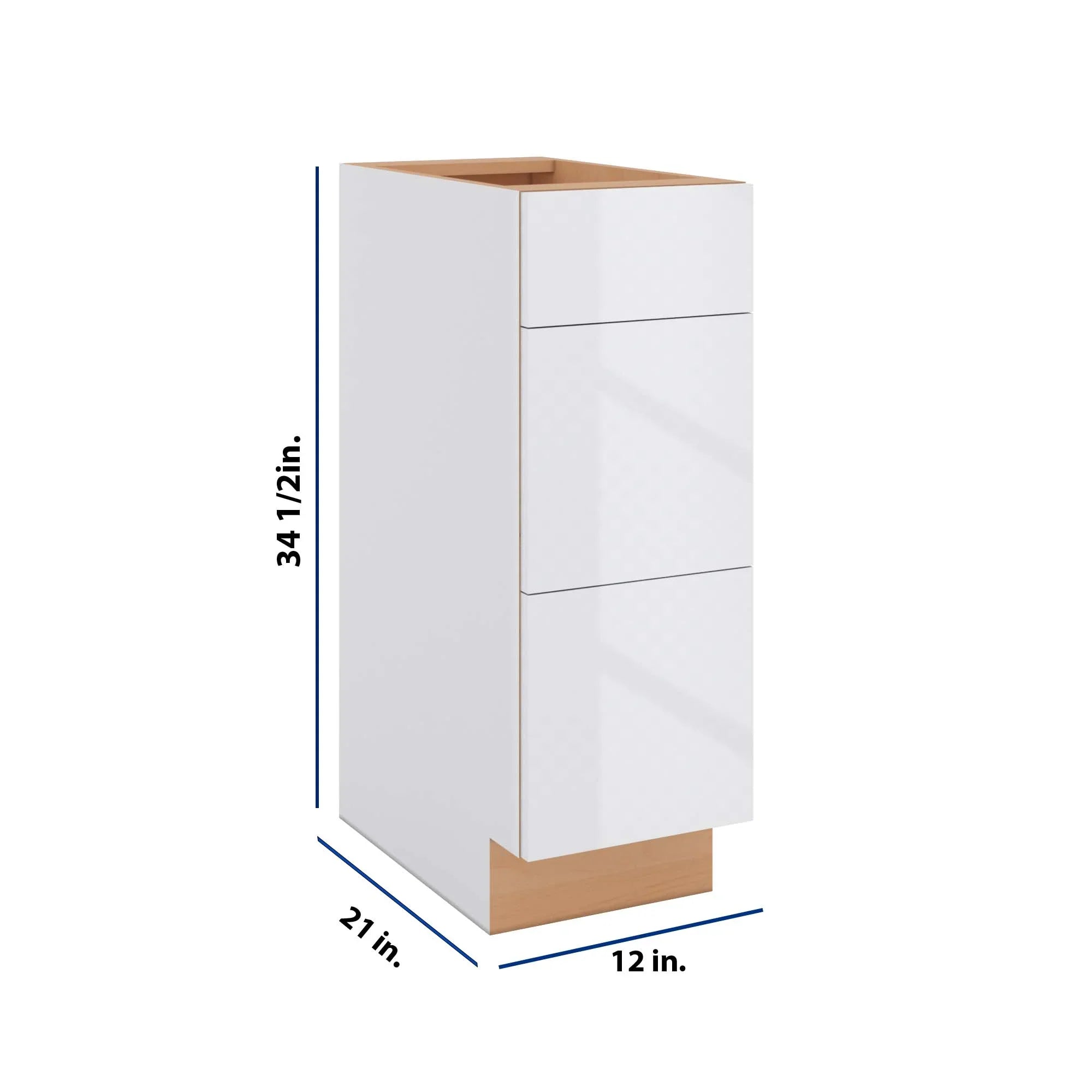 Modernform Cabinet Gloss White 12" W X 34 1/2" H X 21" D Vanity Base with 3 Drawers
