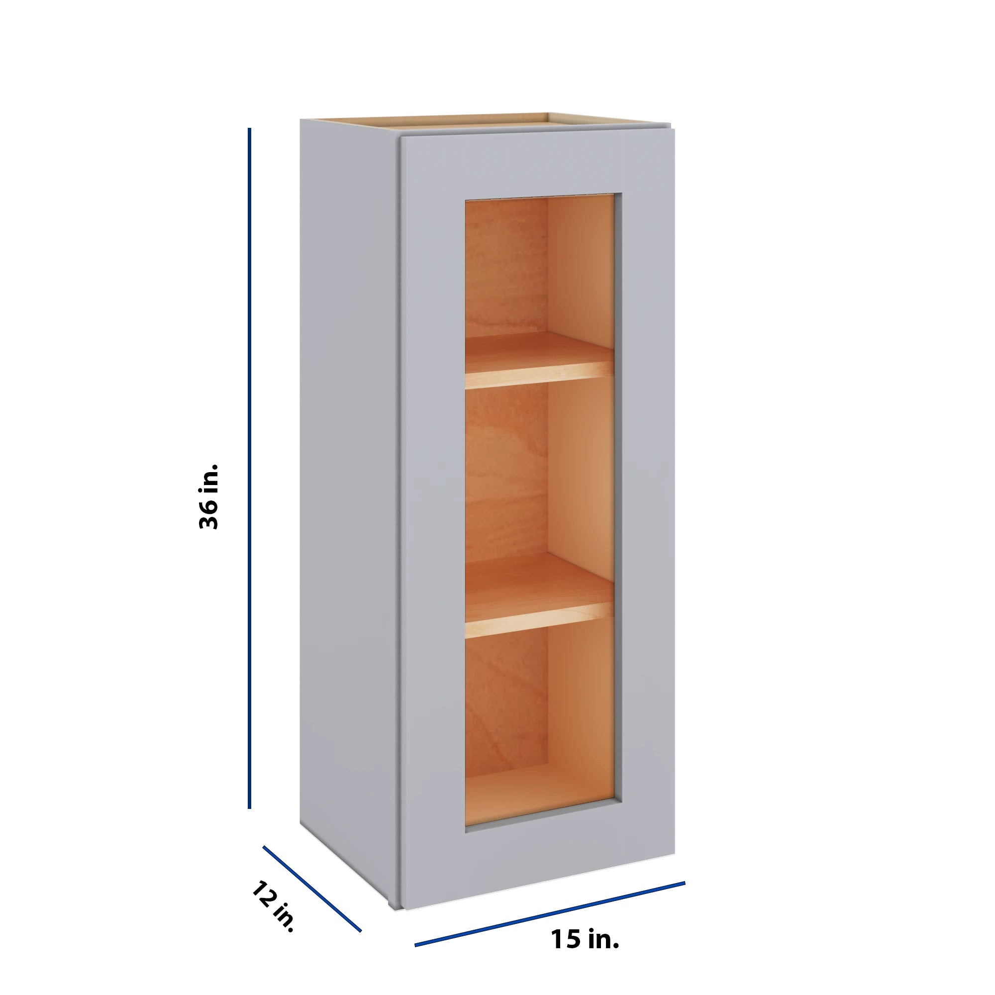 Modernform Cabinet Grey Shaker 15" W X 36" H X 12" D Single Glass Door Wall Cabinet
