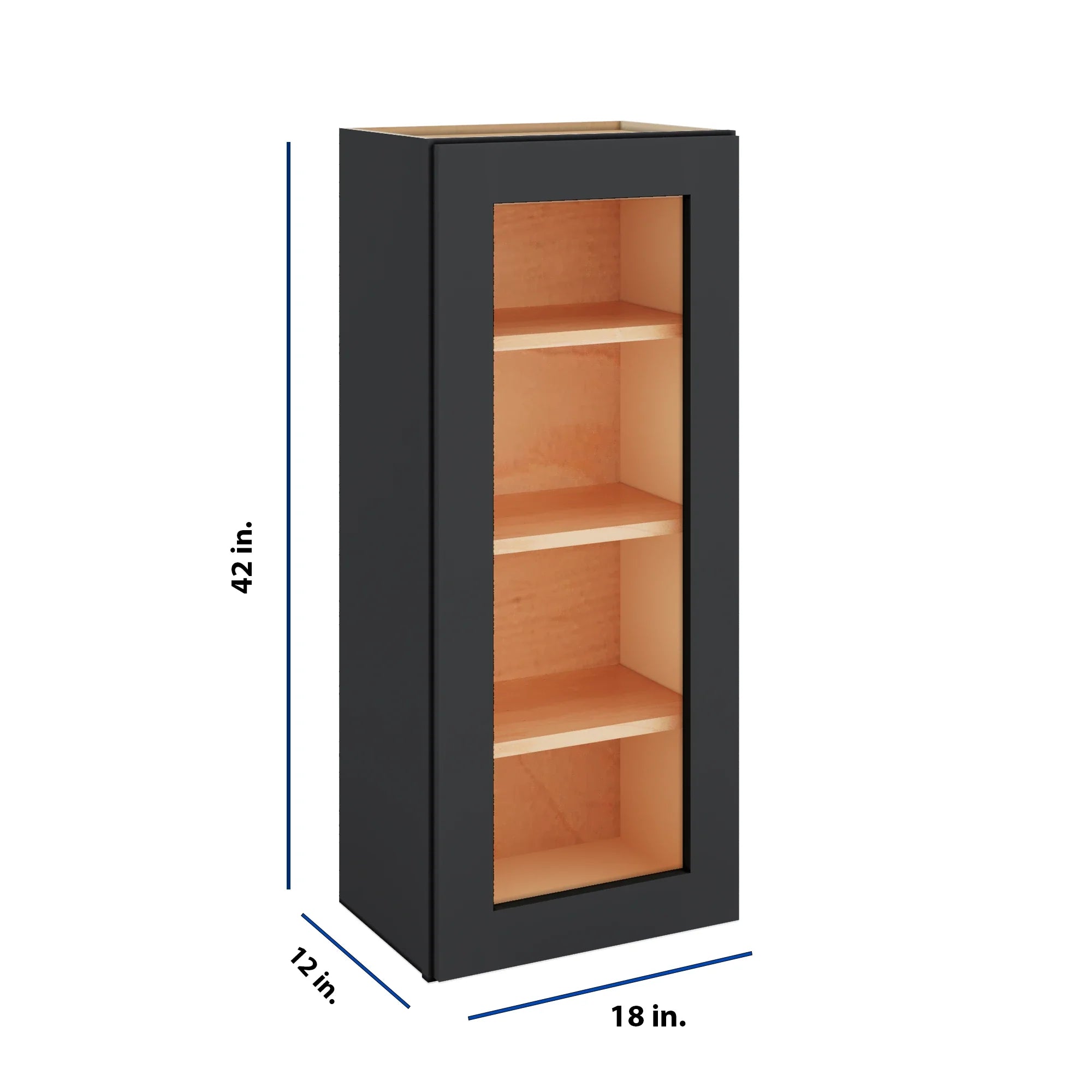 Modernform Cabinet Onyx Black Shaker 18" W X 42" H X 12" D Single Glass Door Wall Cabinet