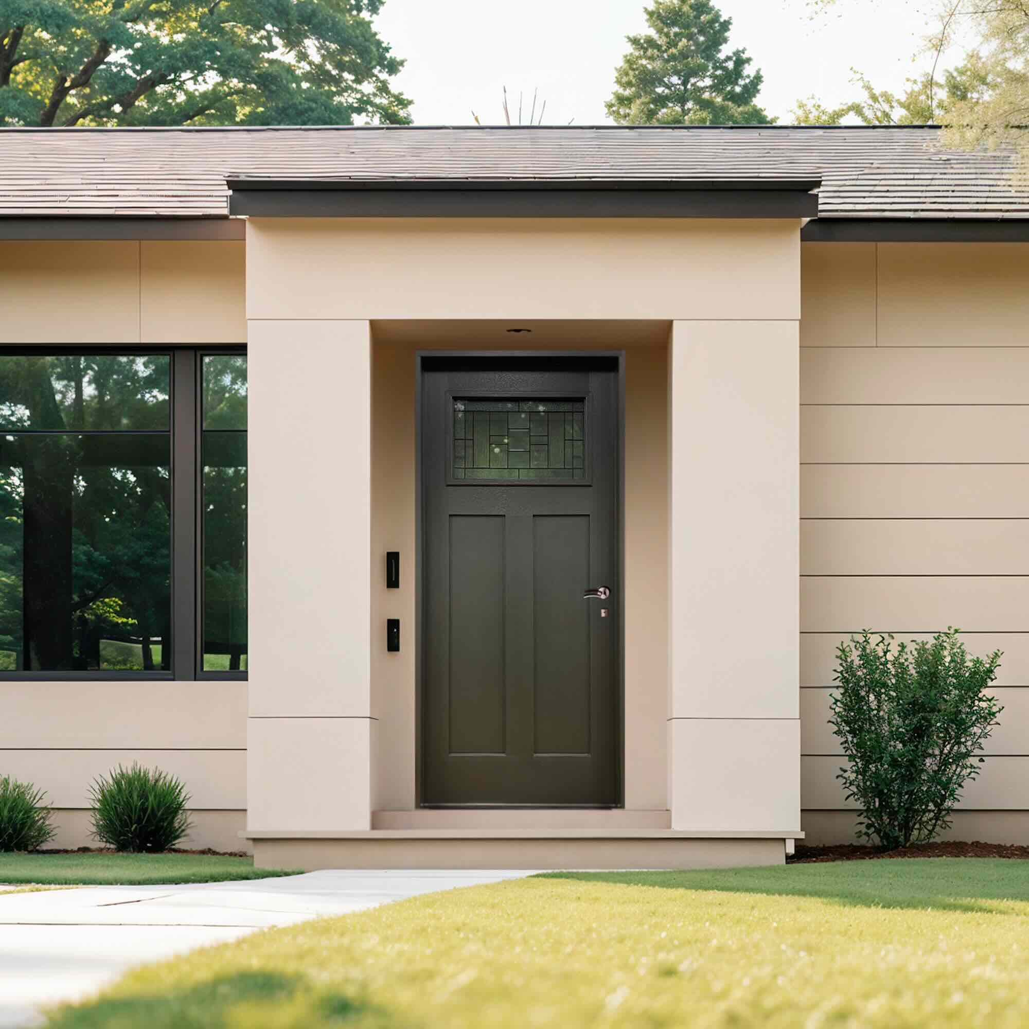 4 Lite Decorative Glass Painted Black Prehung Fiberglass Exterior Door with Brickmold