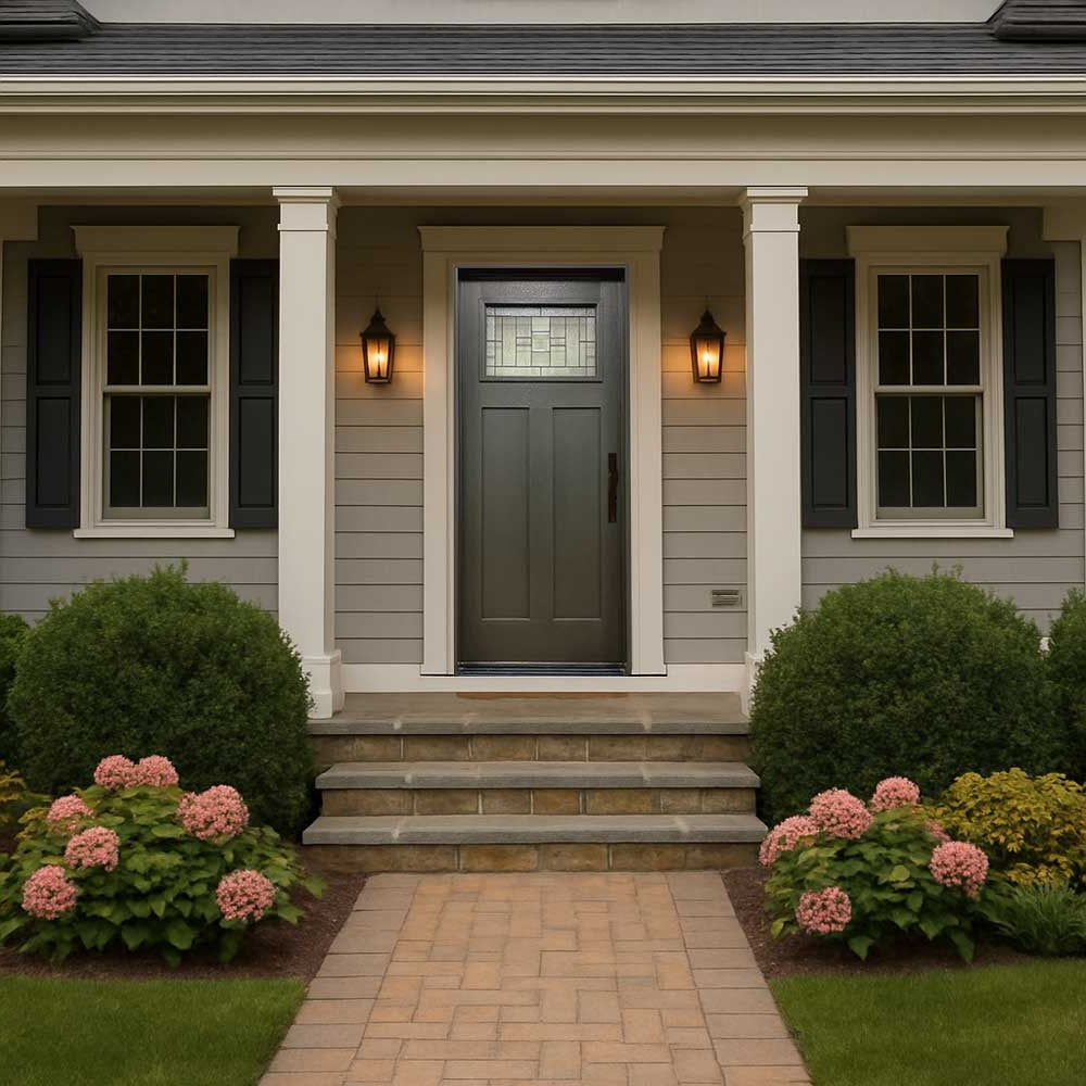 4 Lite Decorative Glass Painted Gray Prehung Fiberglass Exterior Door with Brickmold