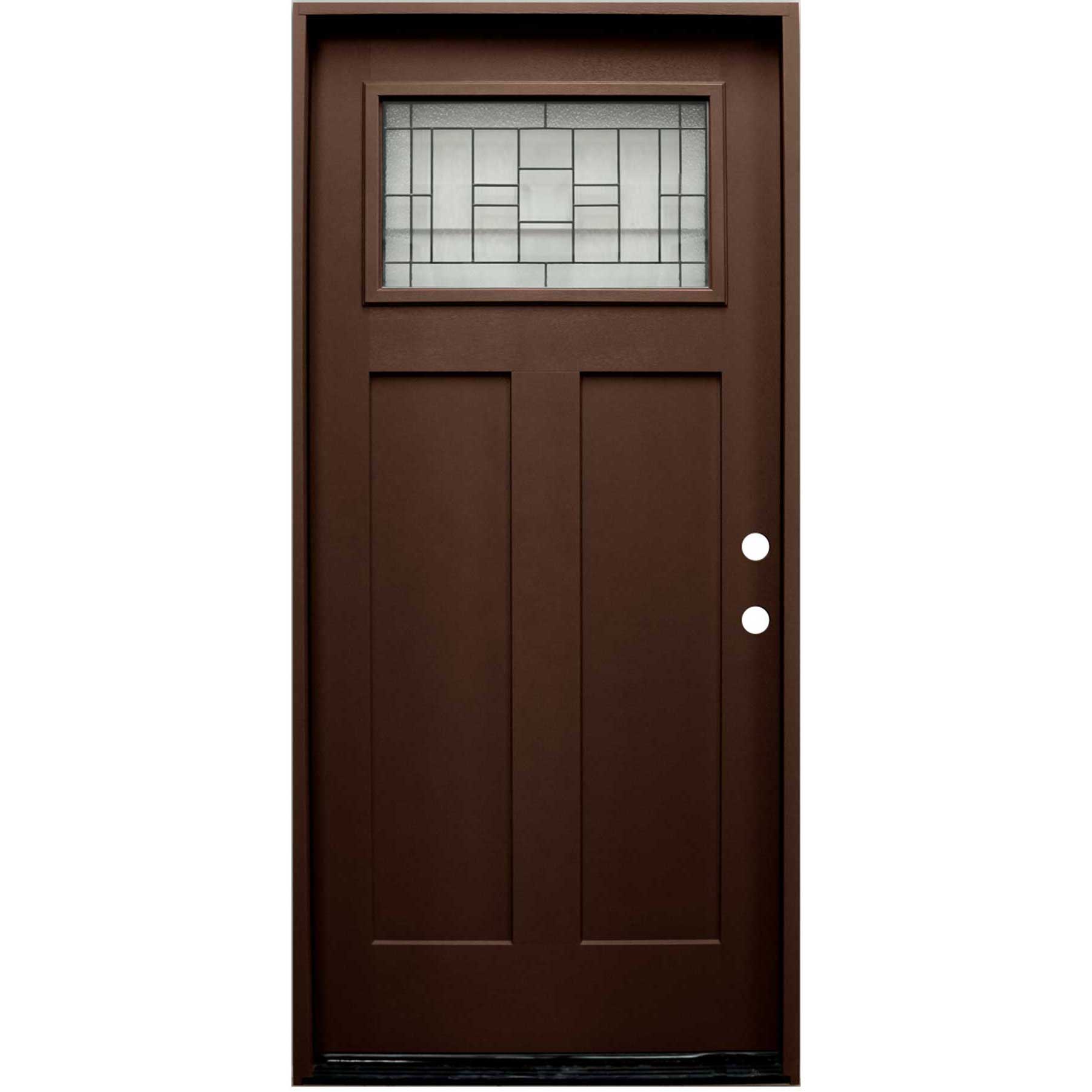 4 Lite Decorative Glass Stained Dark Walnut Prehung Fiberglass Exterior Door with Brickmold