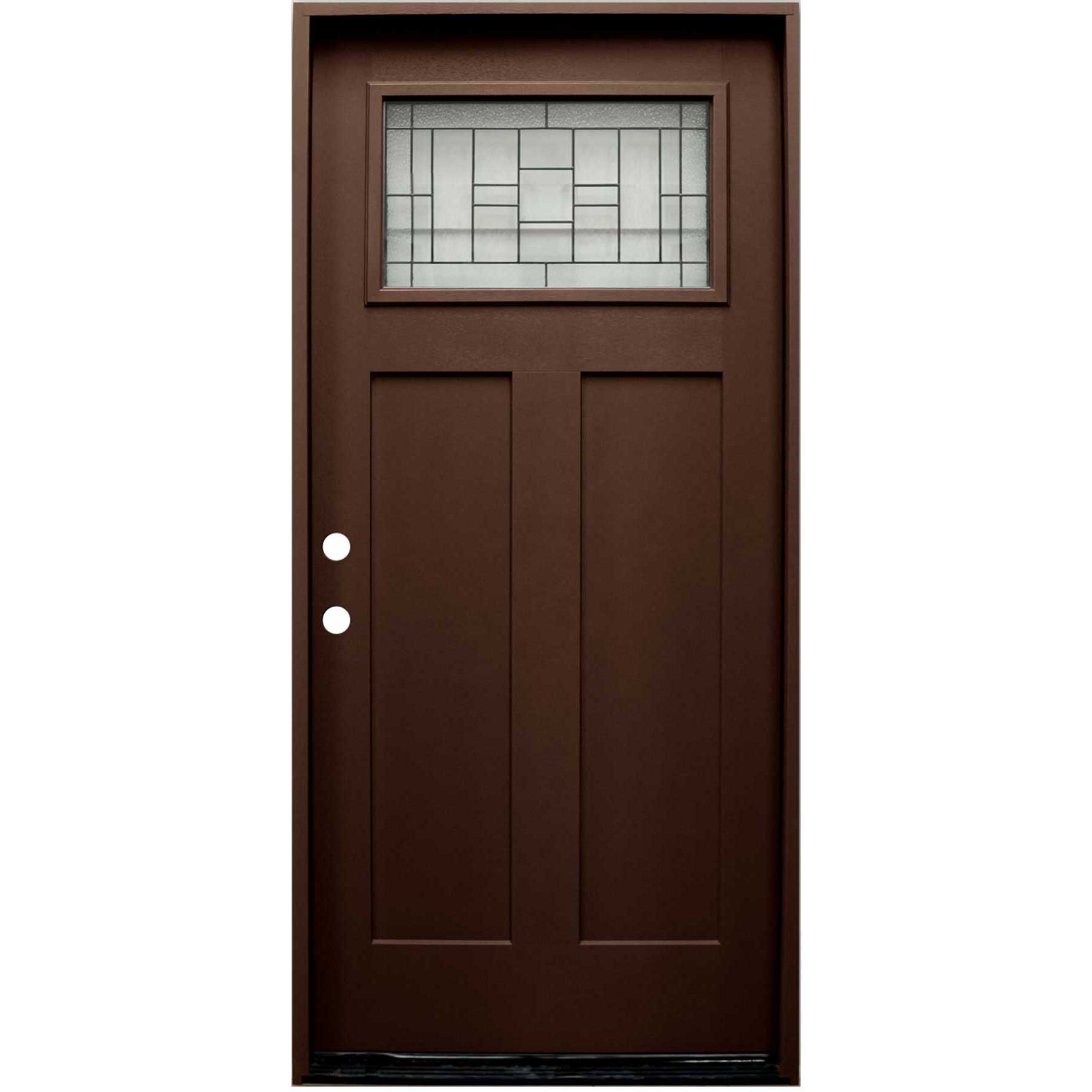 4 Lite Decorative Glass Stained Dark Walnut Prehung Fiberglass Exterior Door with Brickmold