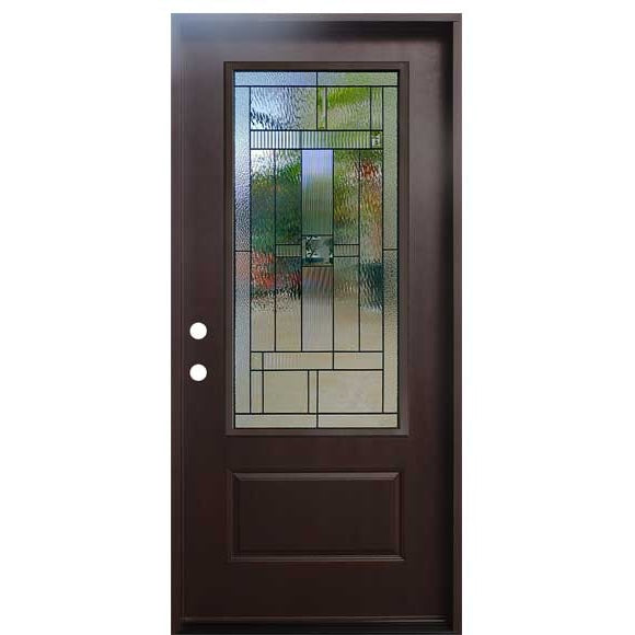 4 Lite Decorative Glass Stained Dark Walnut Prehung Fiberglass Exterior Door with Brickmold