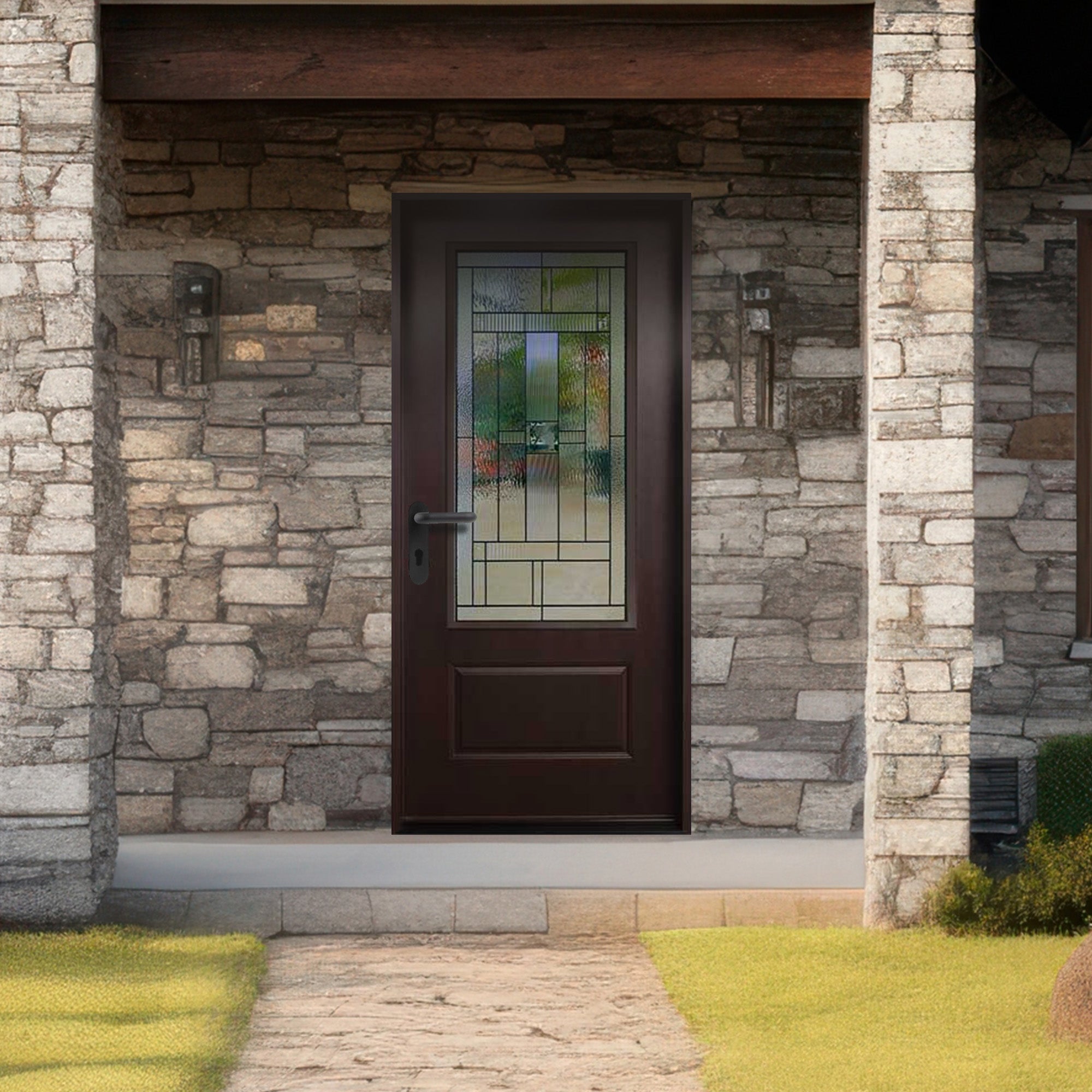 4 Lite Decorative Glass Stained Dark Walnut Prehung Fiberglass Exterior Door with Brickmold