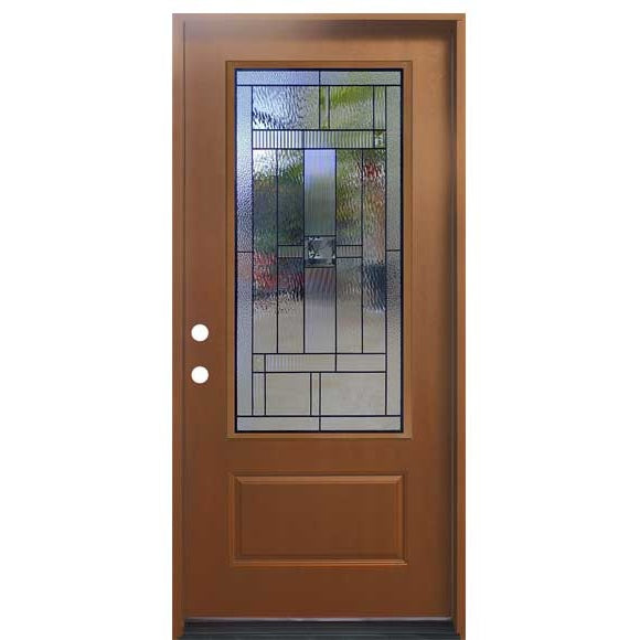 4 Lite Decorative Glass Stained Light Brown Prehung Fiberglass Exterior Door with Brickmold