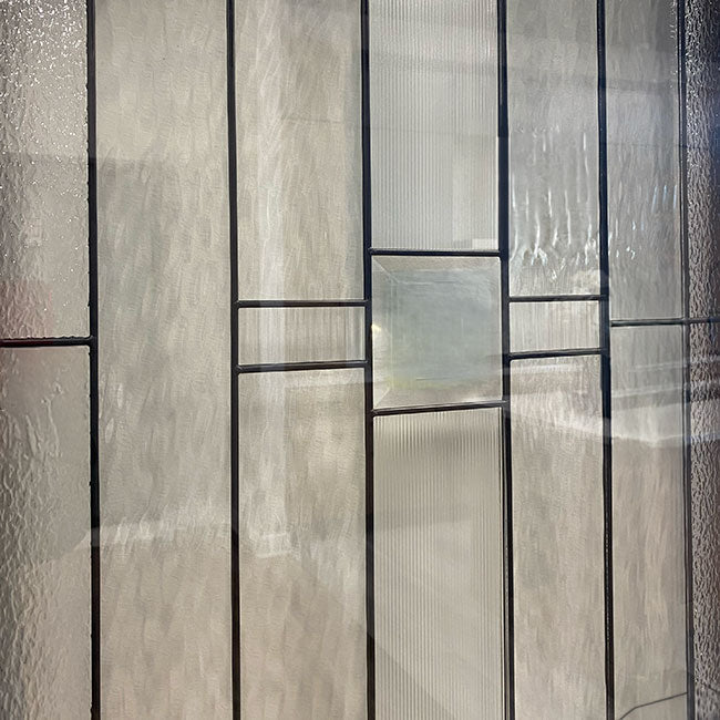 4 Lite Decorative Glass Stained Light Brown Prehung Fiberglass Exterior Door with Brickmold