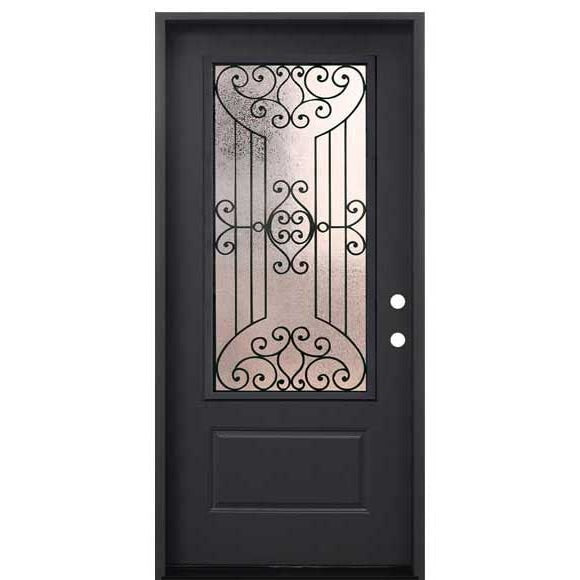 4 Lite Decorative Glass Painted Black Prehung Fiberglass Exterior Door with Brickmold Left