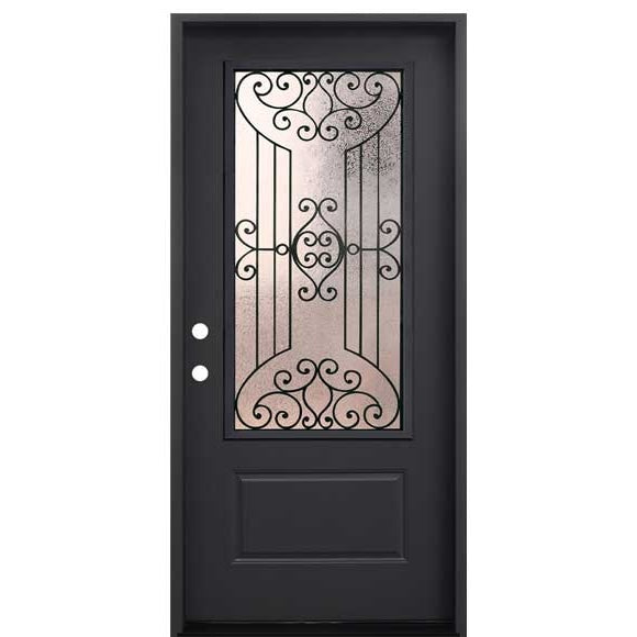 4 Lite Decorative Glass Painted Black Prehung Fiberglass Exterior Door with Brickmold Right
