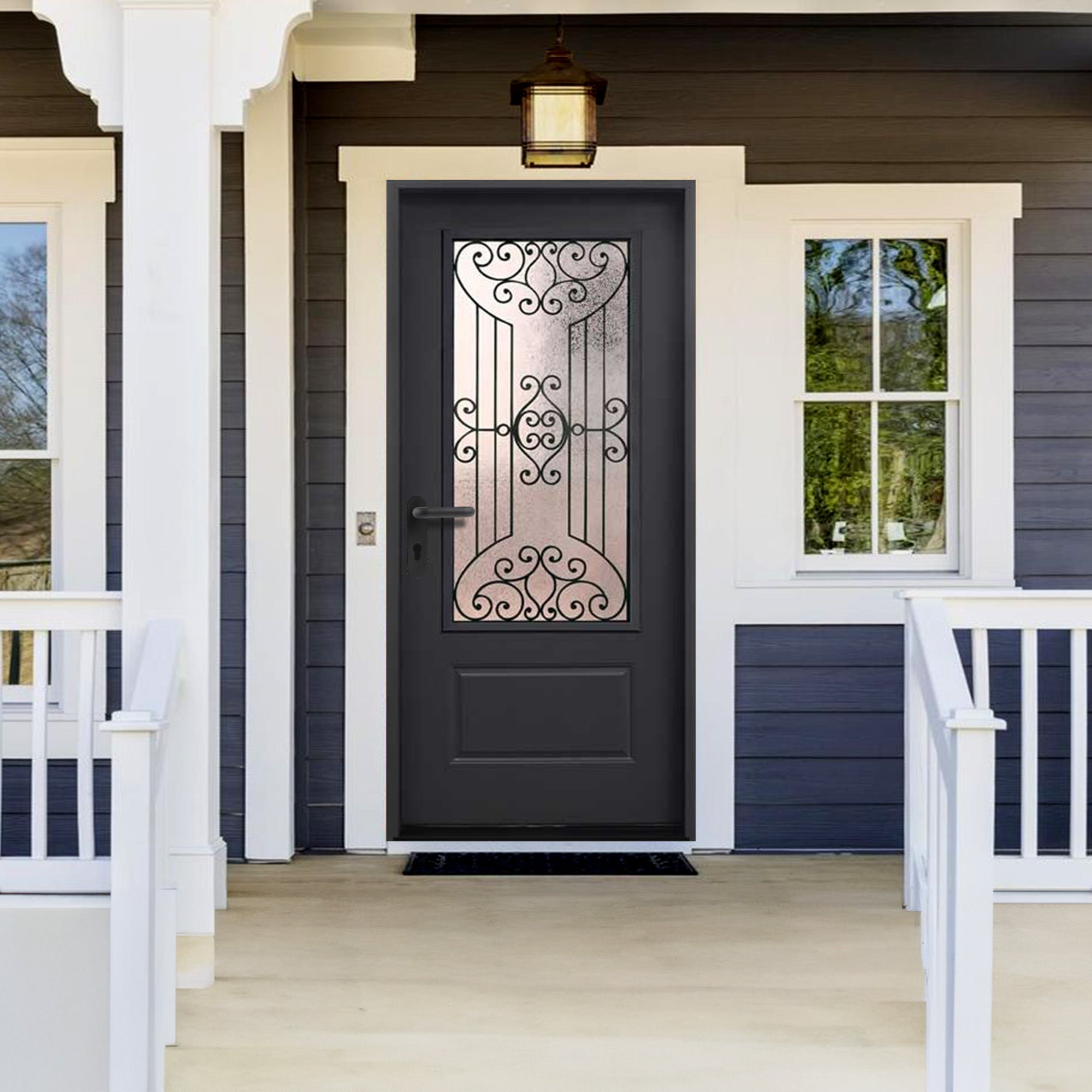 4 Lite Decorative Glass Painted Black Prehung Fiberglass Exterior Door with Brickmold
