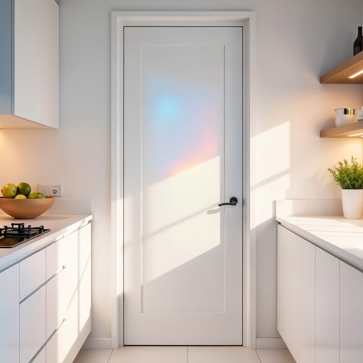 24 in x 80 in White 1-Panel Shaker Solid Core Primed MDF Prehung Interior Door with Black Hinges