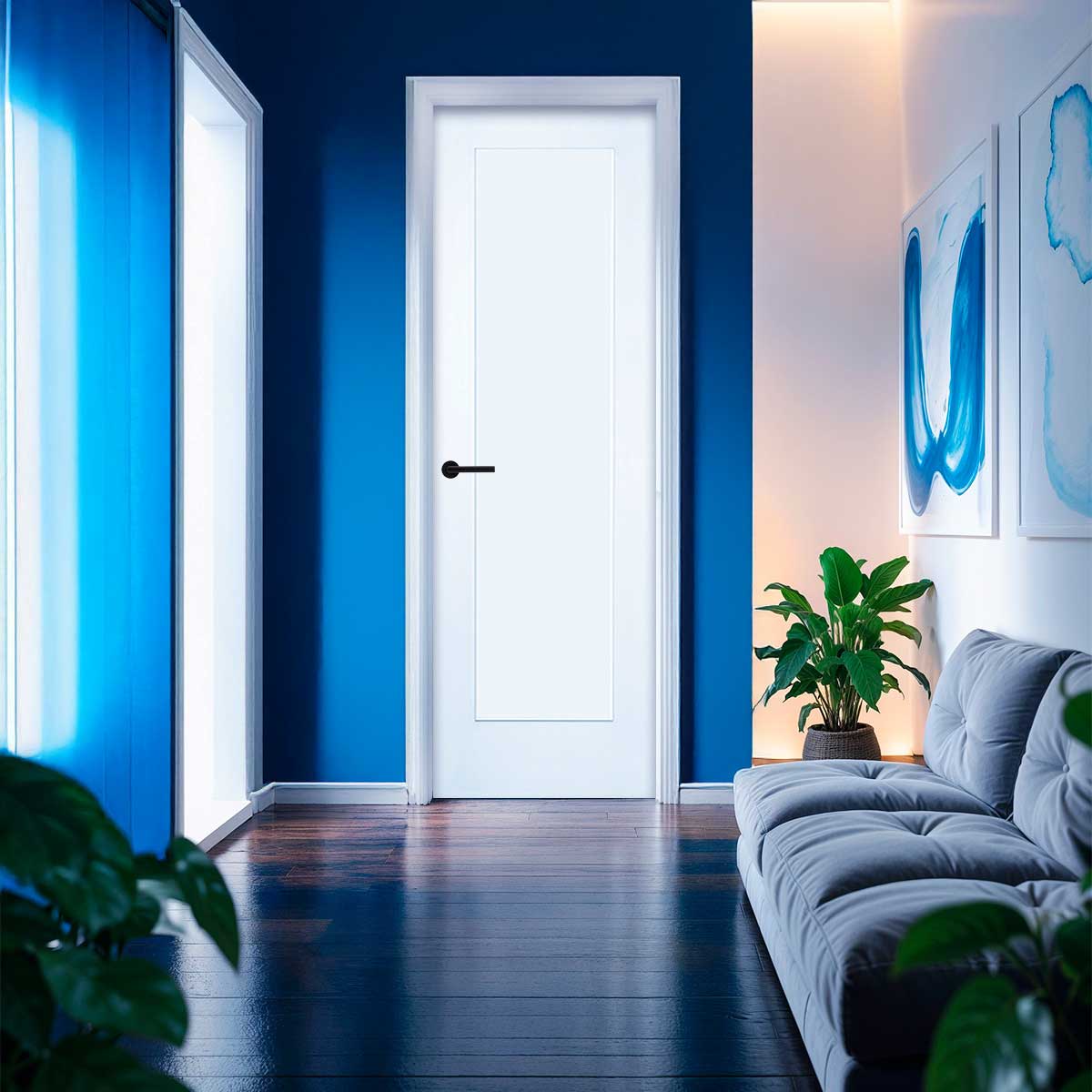 28 in x 80 in White 1-Panel Shaker Solid Core Primed MDF Prehung Interior Door with Black Hinges