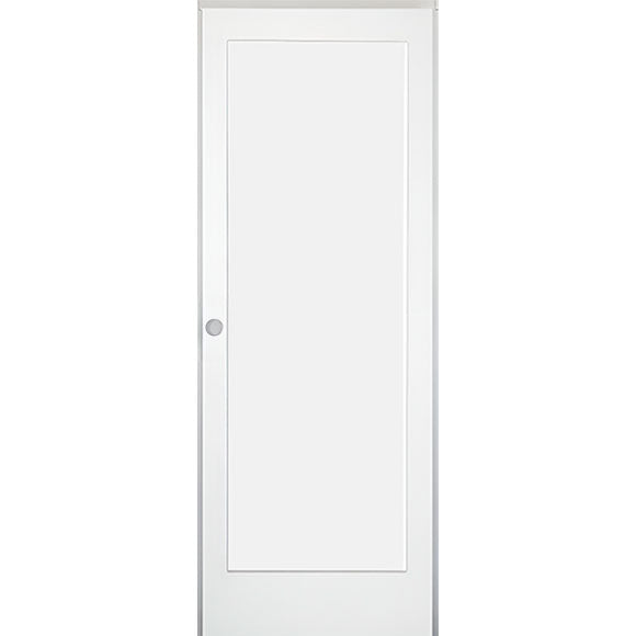 28 in x 80 in White 1-Panel Shaker Solid Core Primed MDF Prehung Interior Door with Black Hinges