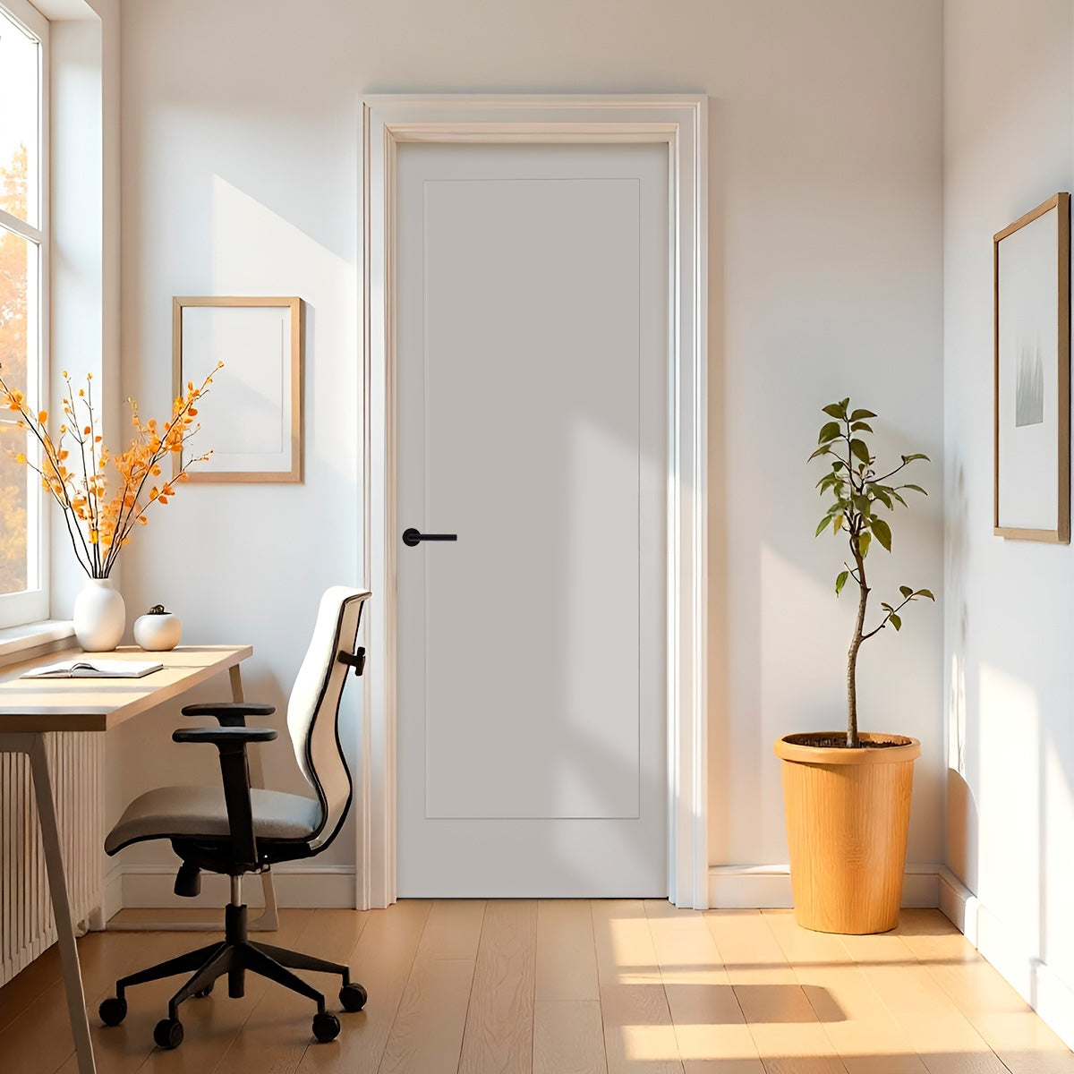 30 in x 80 in White 1-Panel Shaker Solid Core Primed MDF Prehung Interior Door with Black Hinges