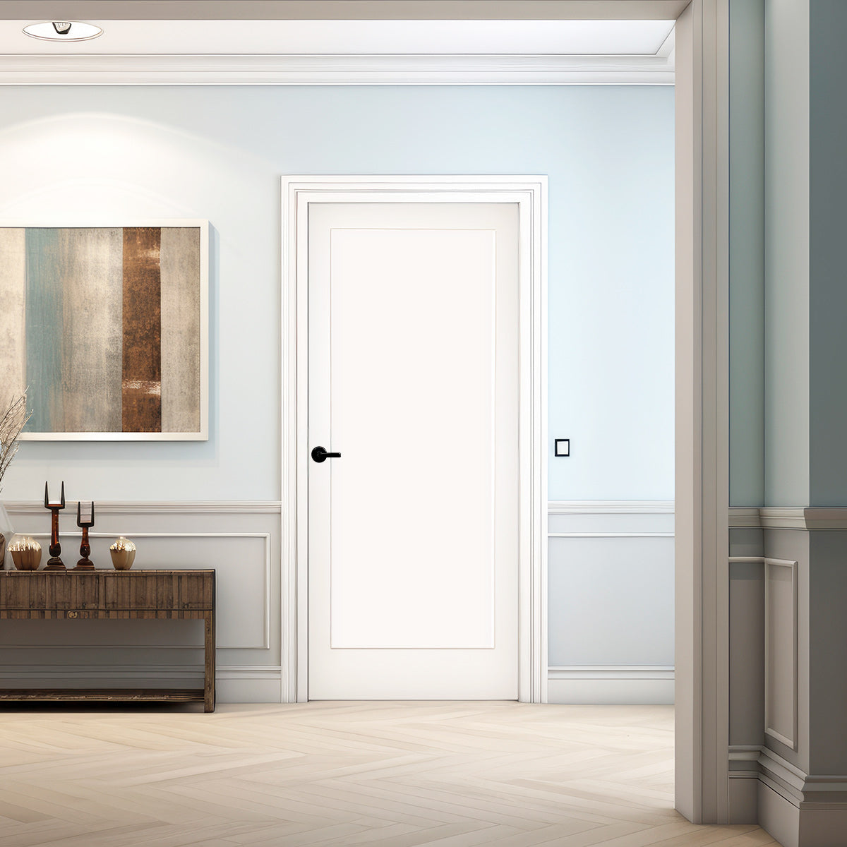 32 in x 80 in White 1-Panel Shaker Solid Core Primed MDF Prehung Interior Door with Black Hinges