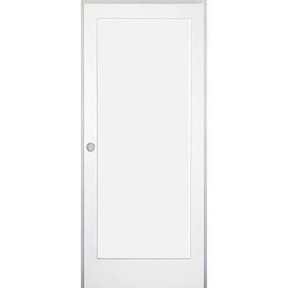 32 in x 80 in White 1-Panel Shaker Solid Core Primed MDF Prehung Interior Door with Black Hinges