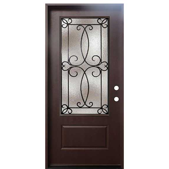 4 Lite Decorative Glass Stained Dark Walnut Prehung Fiberglass Exterior Door with Brickmold