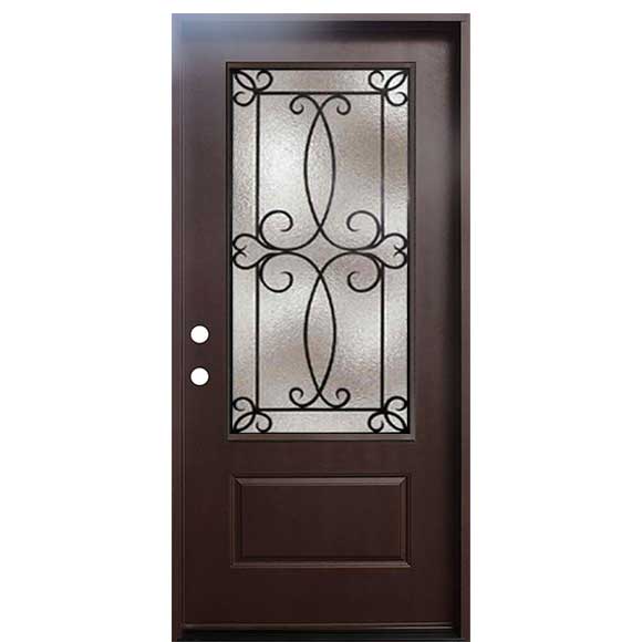 4 Lite Decorative Glass Stained Dark Walnut Prehung Fiberglass Exterior Door with Brickmold