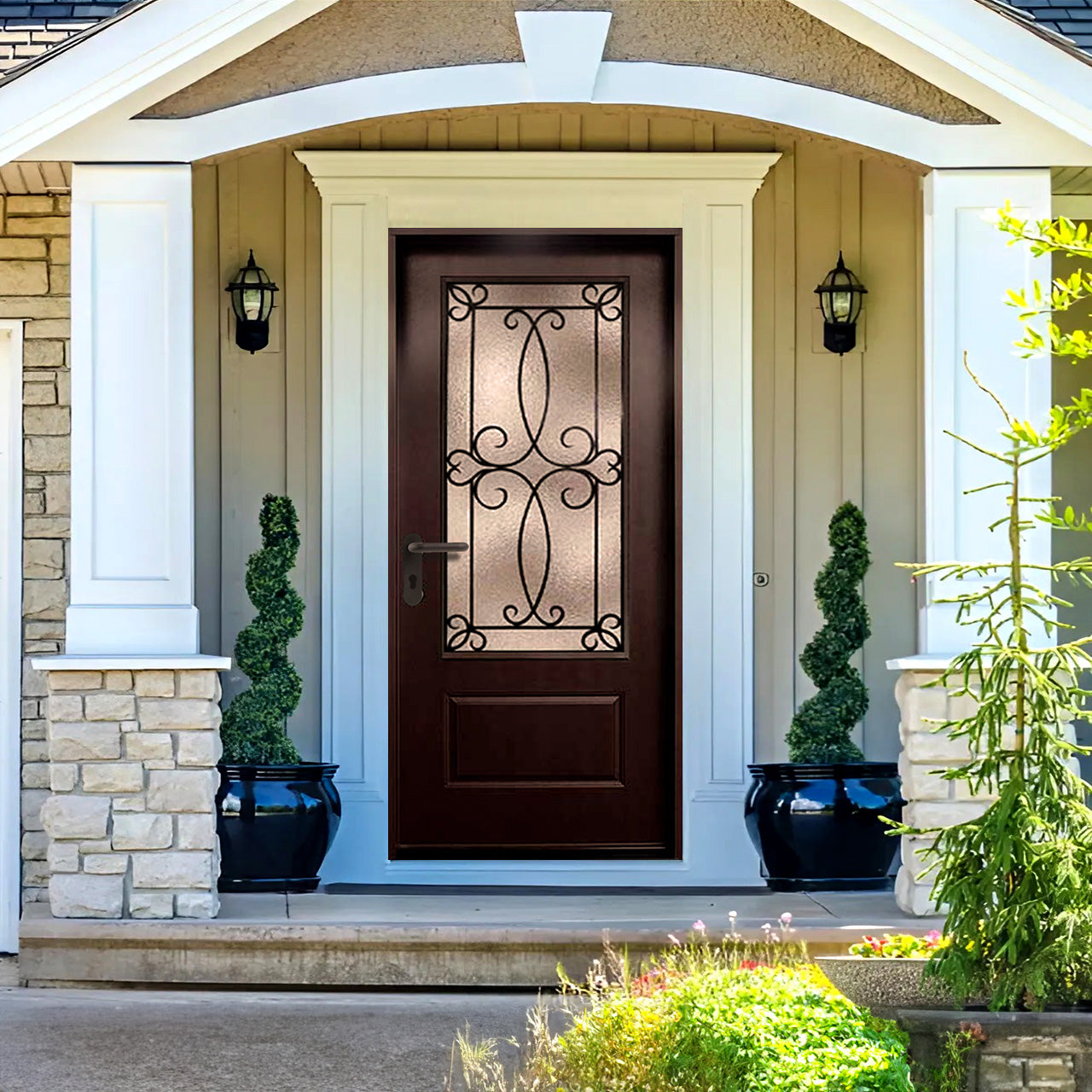 4 Lite Decorative Glass Stained Dark Walnut Prehung Fiberglass Exterior Door with Brickmold