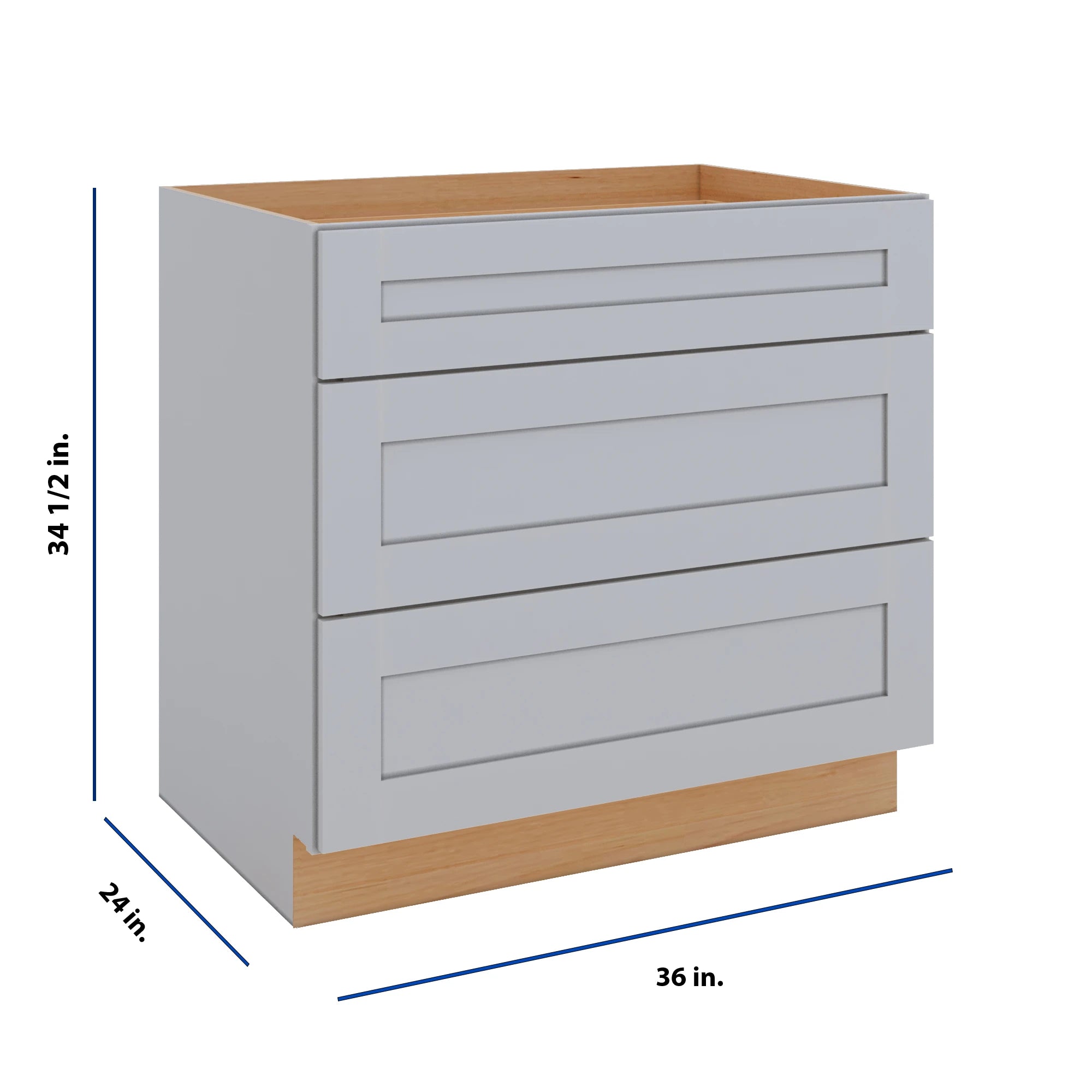Modernform Cabinet Grey Shaker 36" W X 34 1/2" H X 24" D  3 Drawer Base Cabinet