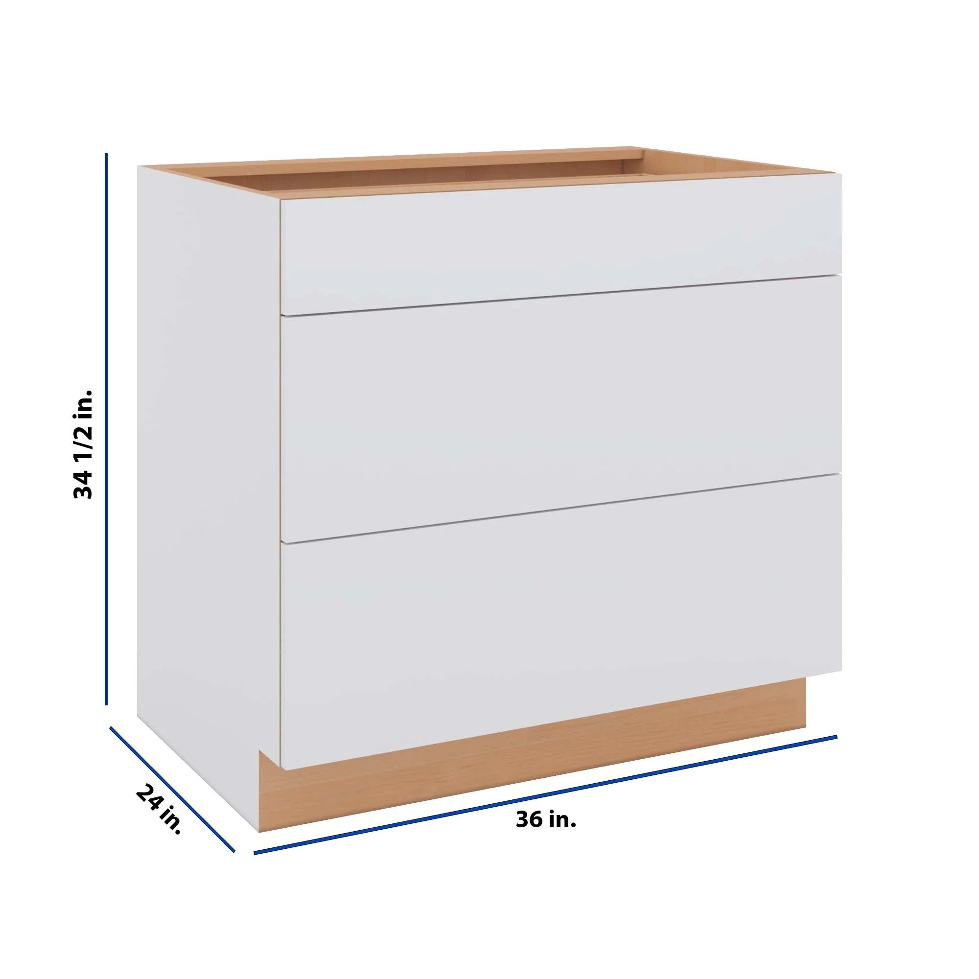Modernform Cabinet Matte White 36" W X 34 1/2" H X 24" D  3 Drawer Base Cabinet