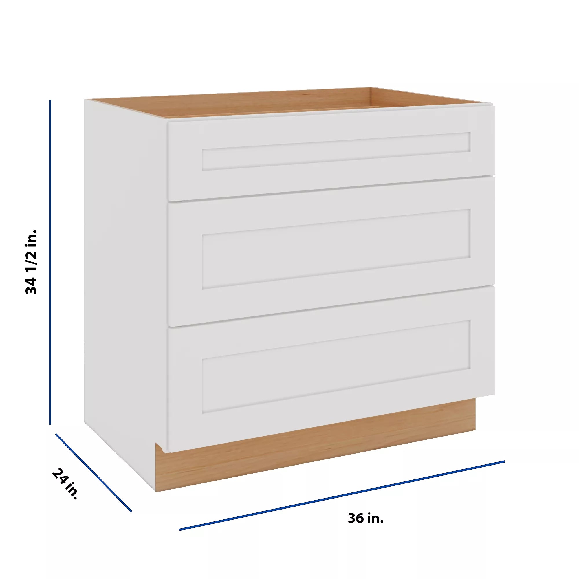Modernform Cabinet White Shaker 36" W X 34 1/2" H X 24" D  3 Drawer Base Cabinet
