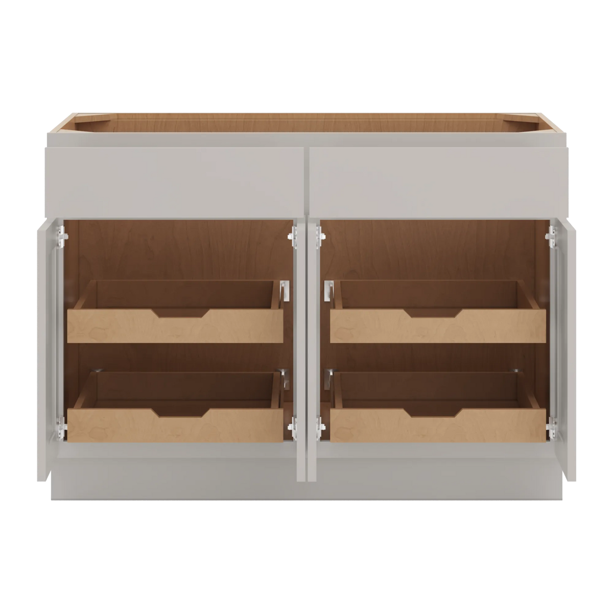 cnc luxor misty grey 48 w 2 drawer four door base cabinet w 2 pullout shelf