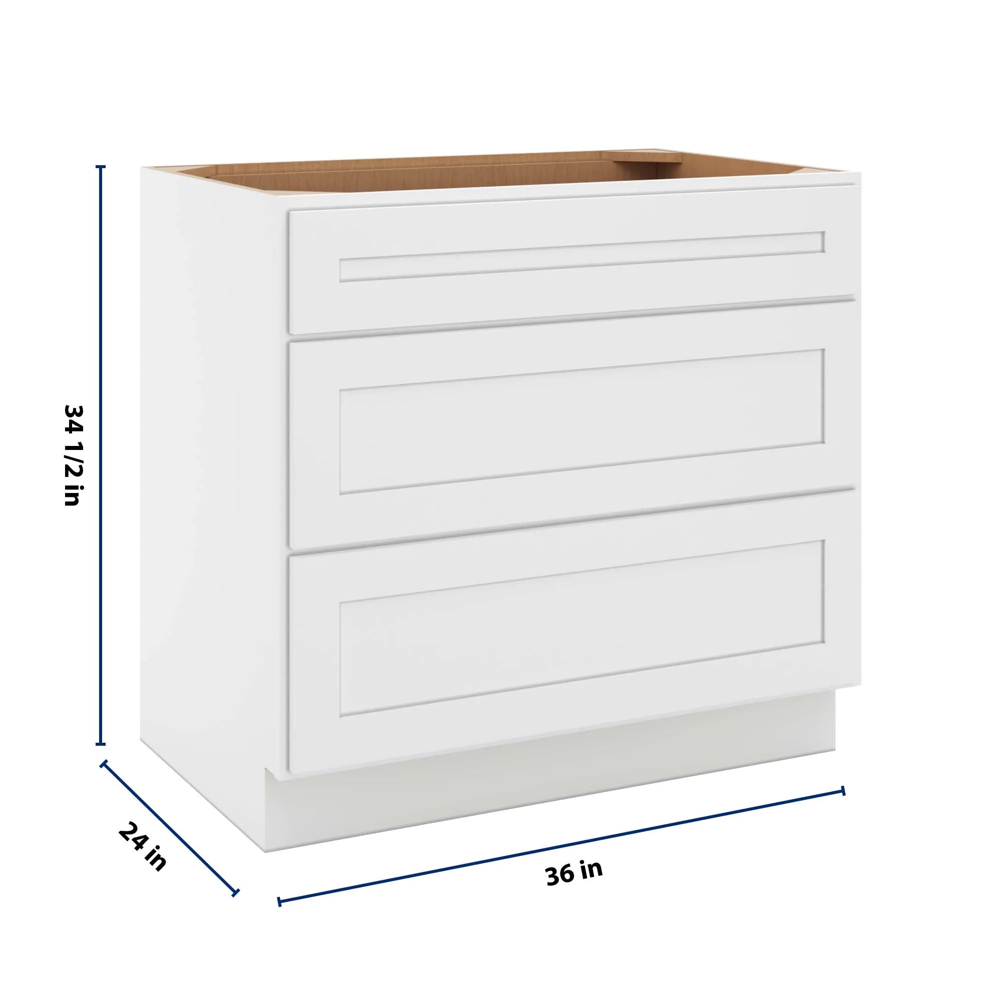 cnc luxor 5 piece white 36 w 3 drawer base cabinet