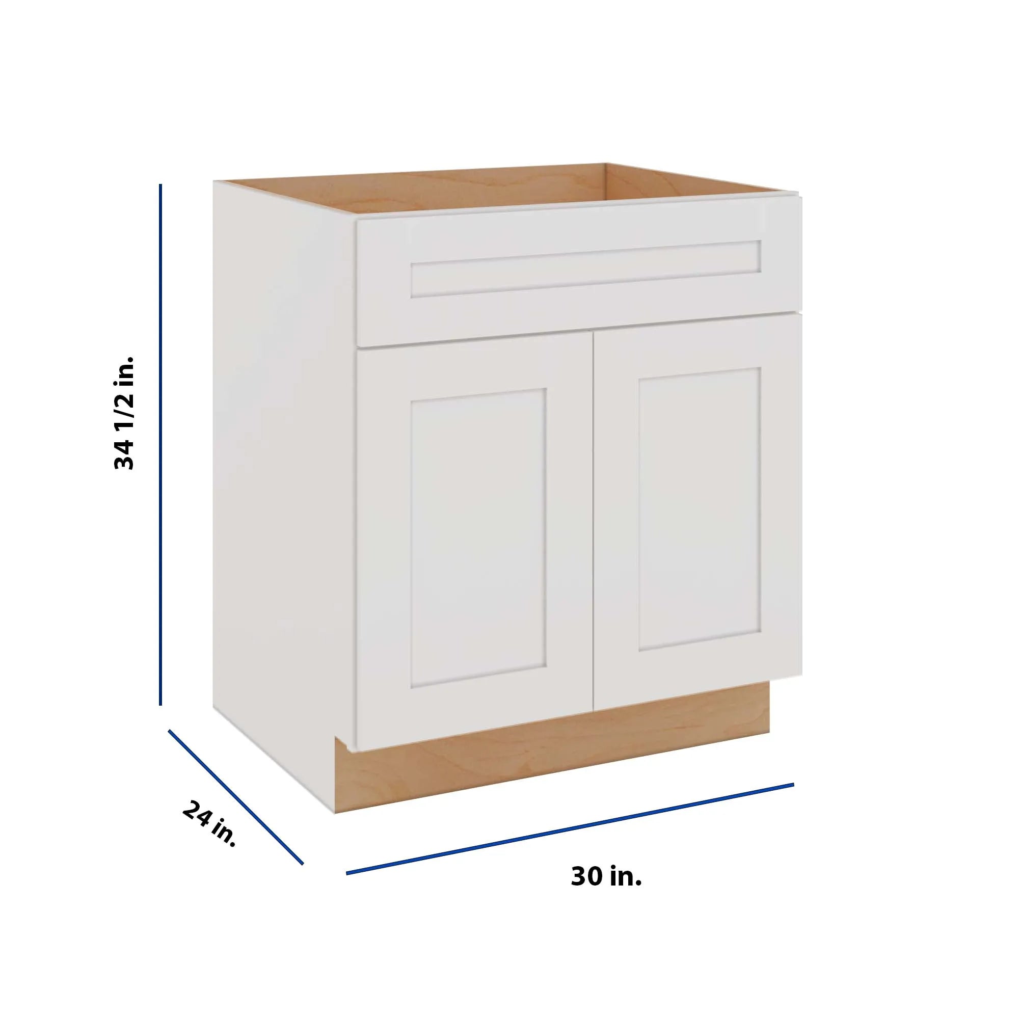 Modernform Cabinet White Shaker 30" W X 34 1/2" H X 24" D Double Door Sink Base Cabinet