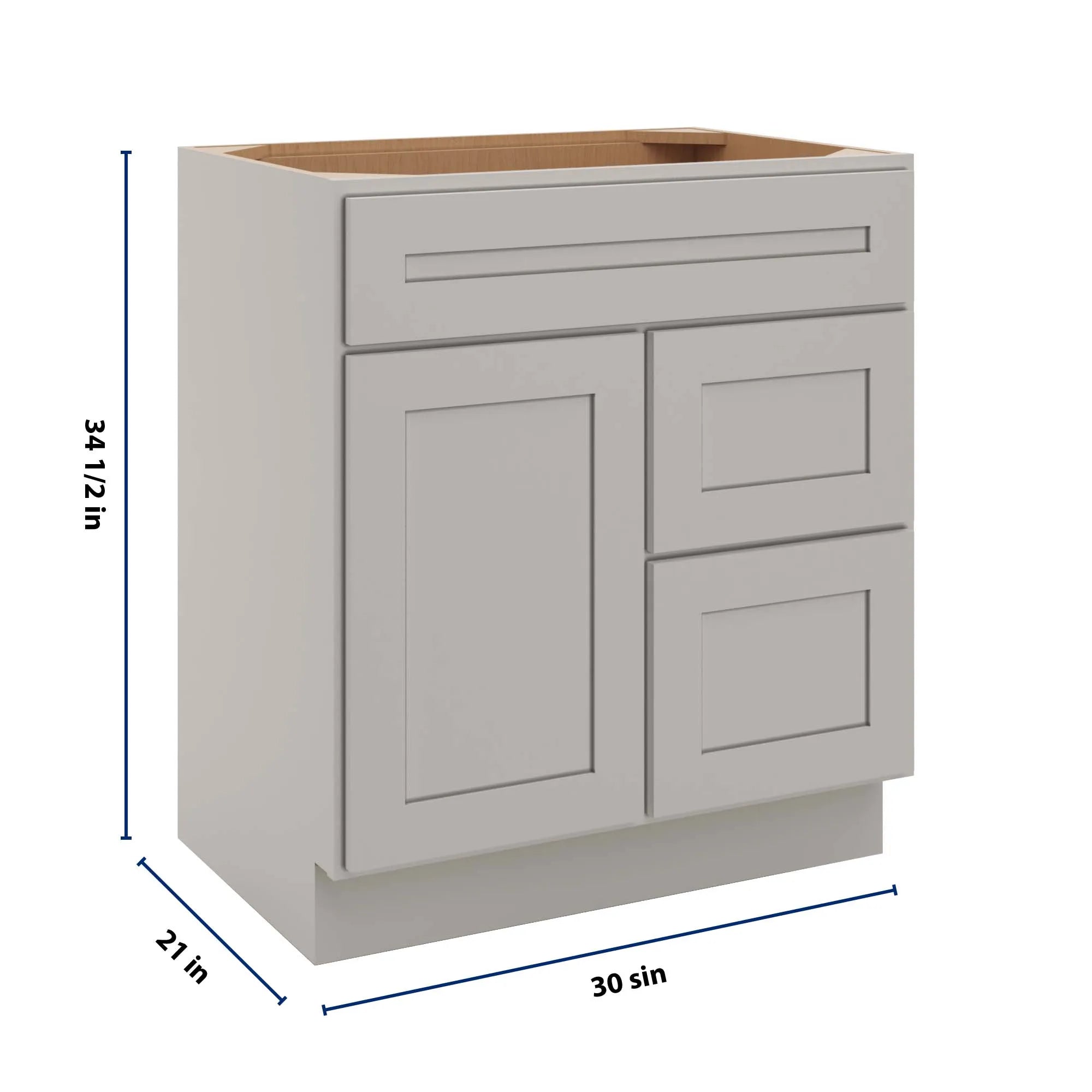 cnc luxor 5 piece misty grey 30 w single door 2 drawers right vanity sink base cabinet