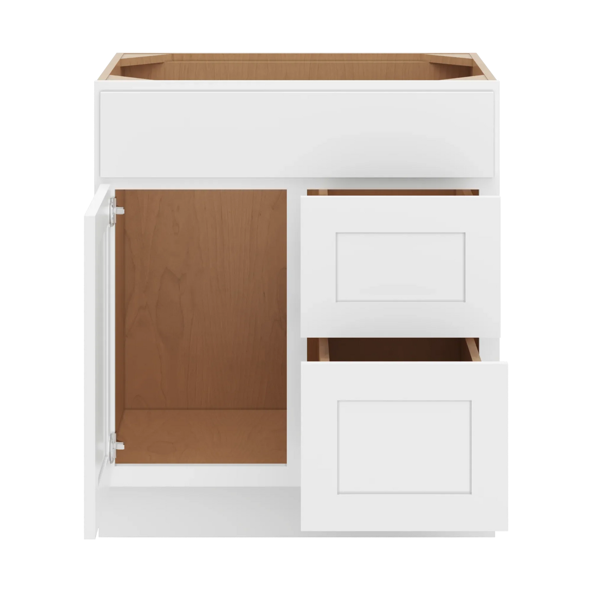 cnc luxor white 30 w single door 2 drawers right vanity sink base cabinet