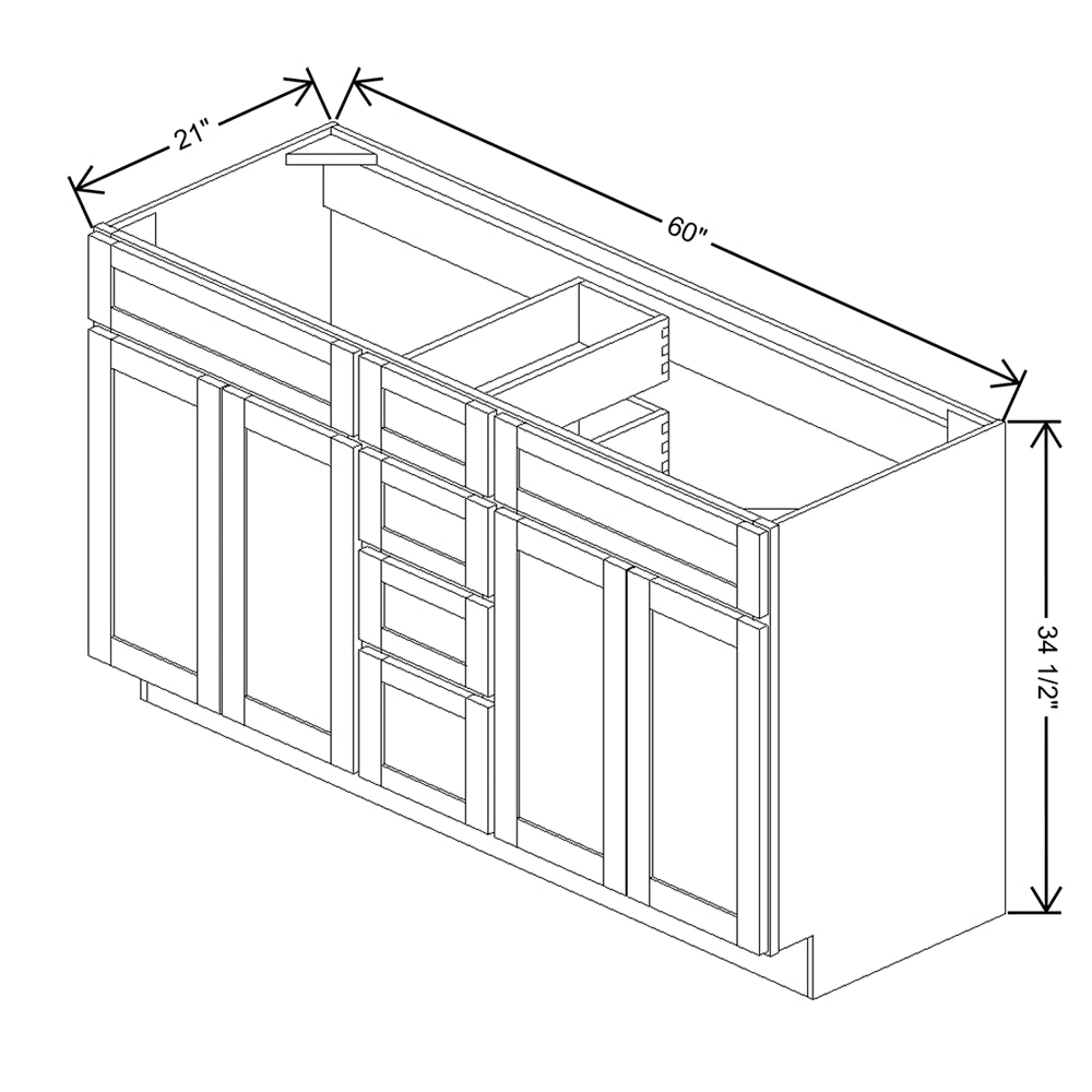 Wolf Classic York White Paint 60"W Combo Vanity Sink Base-4 Drawer