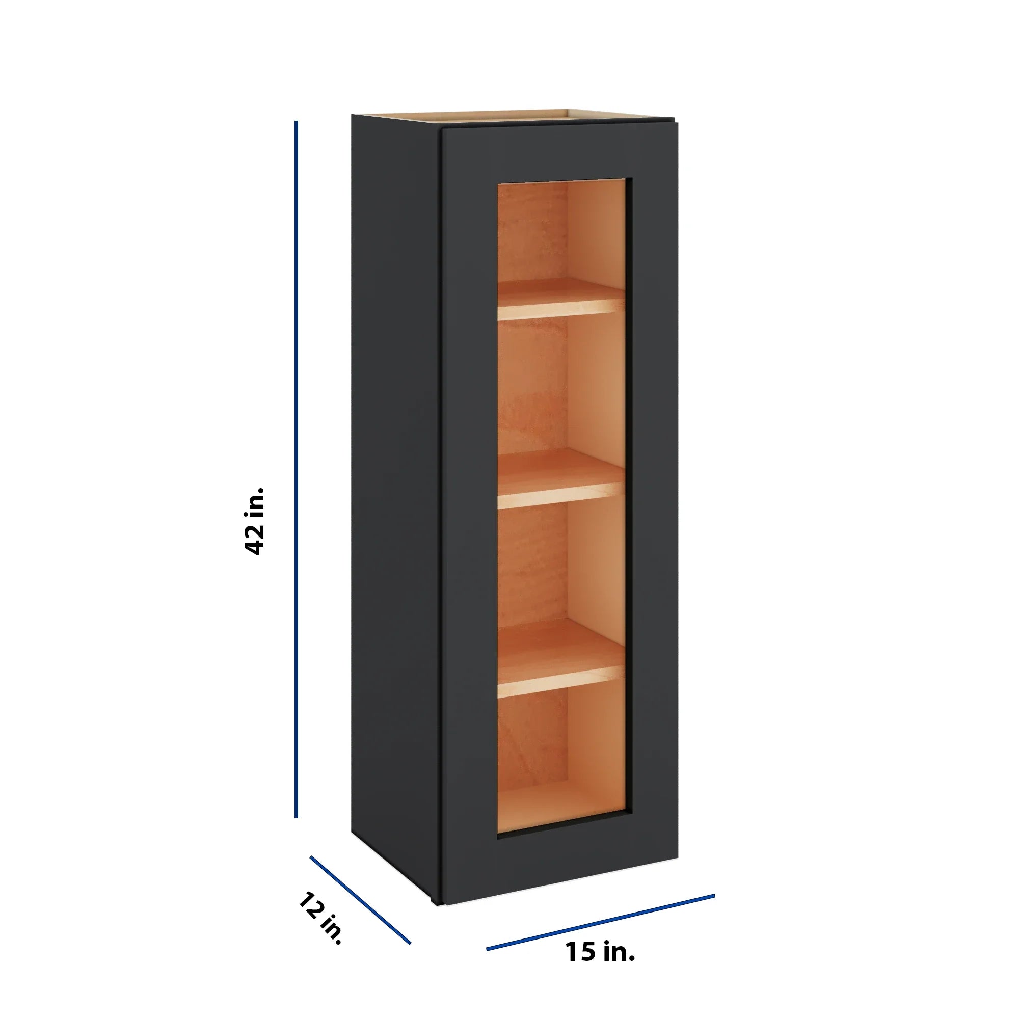 Modernform Cabinet Onyx Black Shaker 15" W X 42" H X 12" D Single Glass Door Wall Cabinet