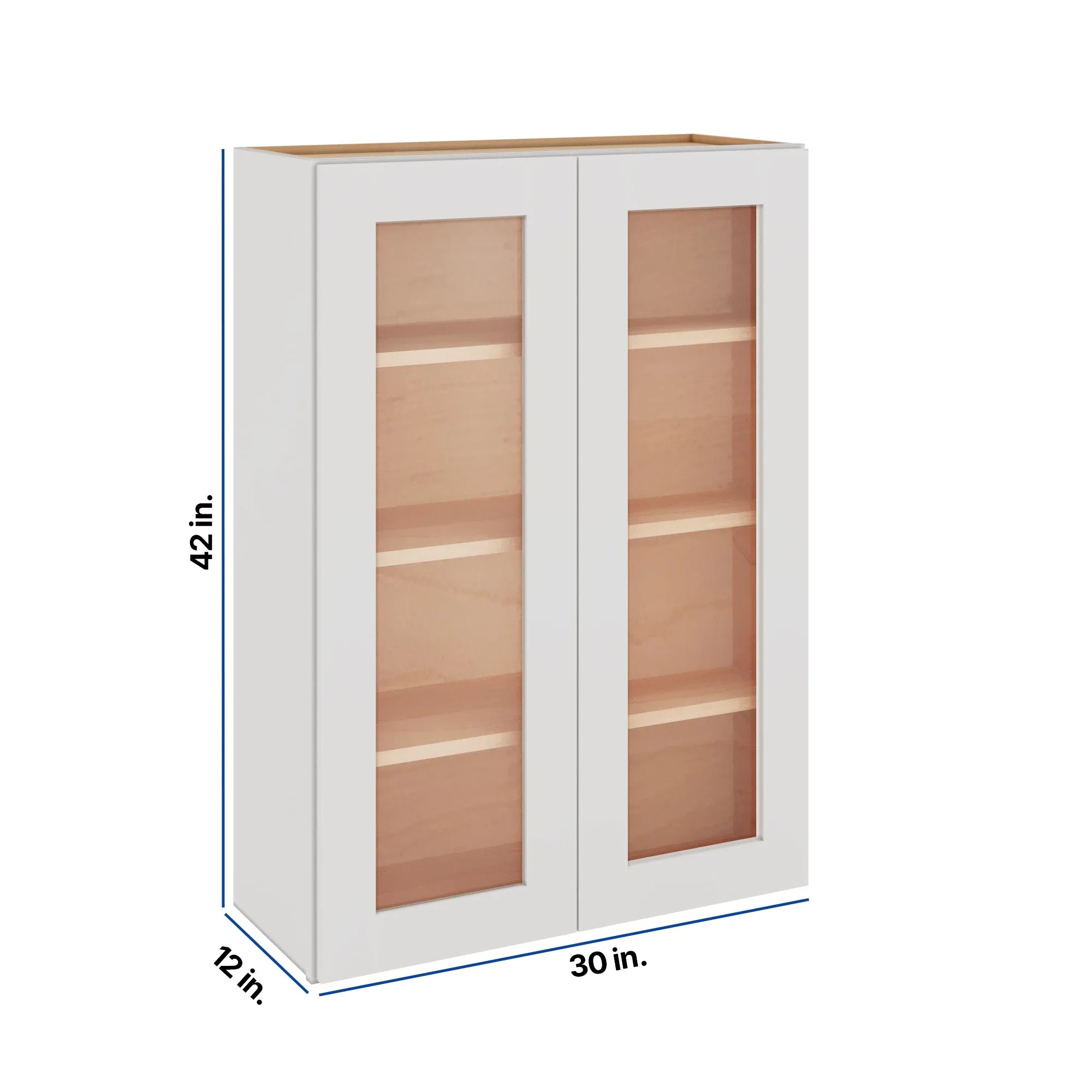 Modernform Cabinet White Shaker 30" W X 42" H X 12" D Double Glass Door Wall Cabinet