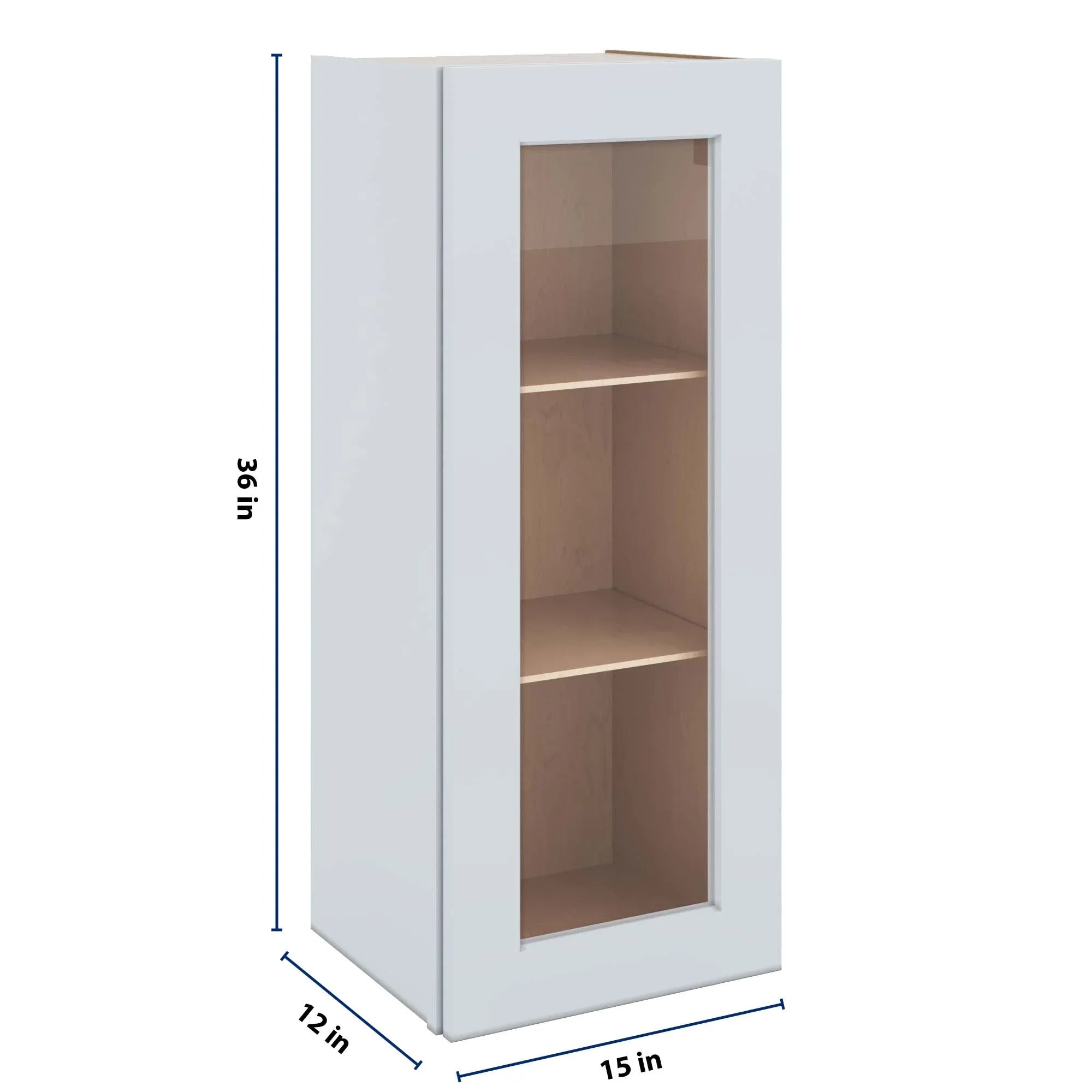 J&K White Shaker S8 Wall Glass Cabinet - 15" W x 36" H (No Glass Insert)