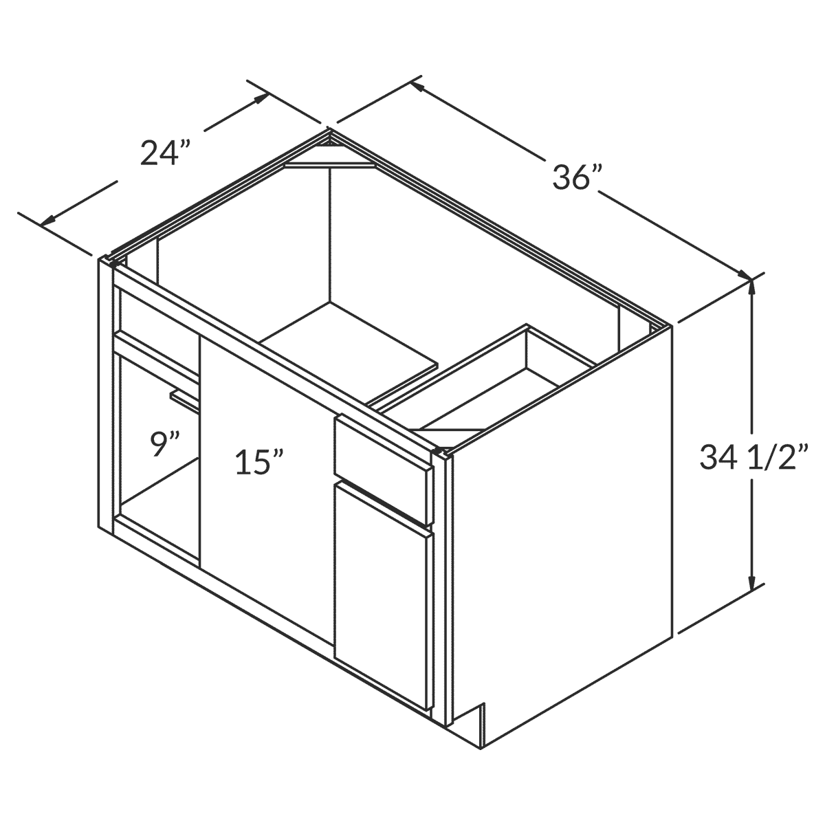 LessCare Newport Blind Corner Base 36"D Shaker Cabinet Wireframe