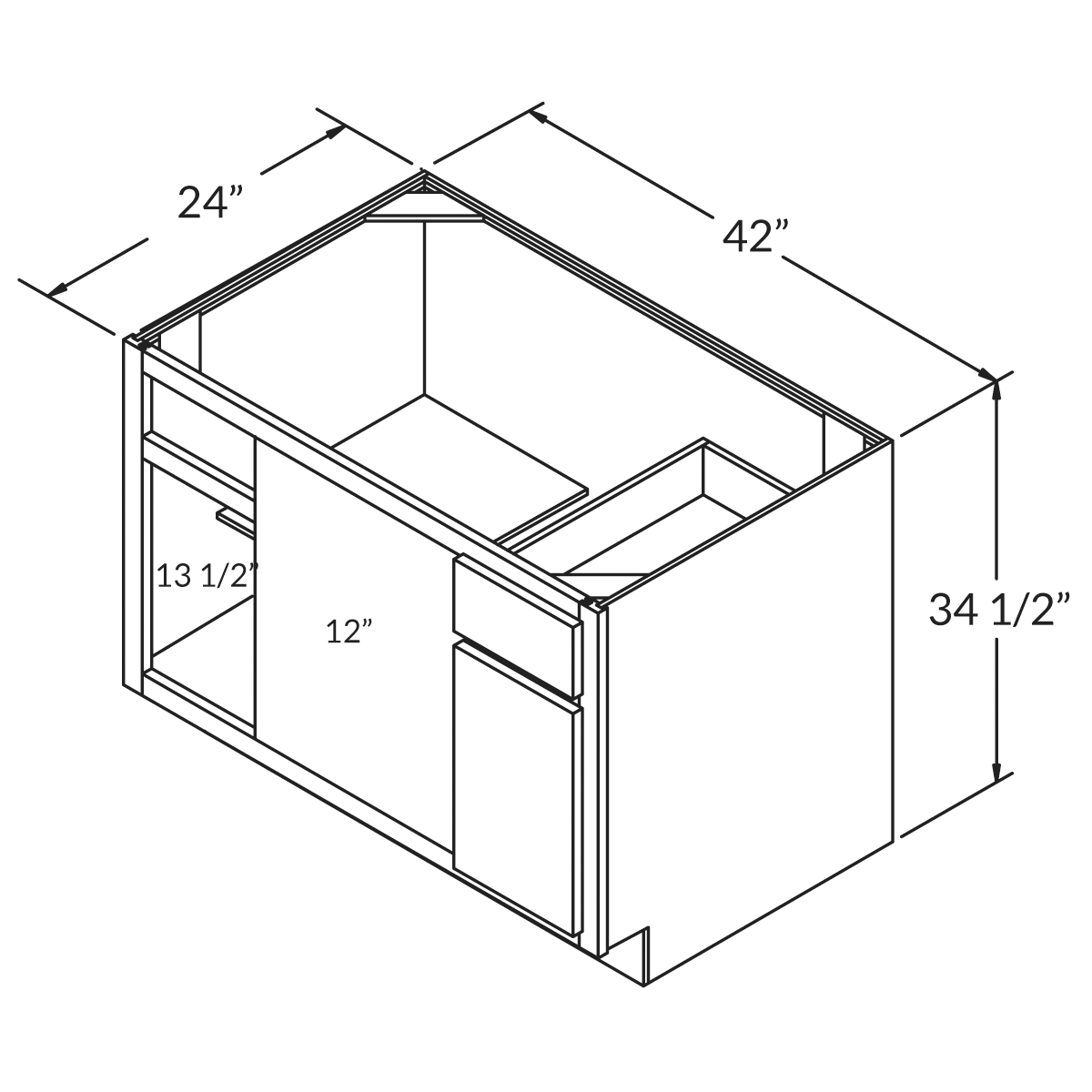 LessCare Newport Blind Corner Base 42"D Shaker Cabinet Wireframe