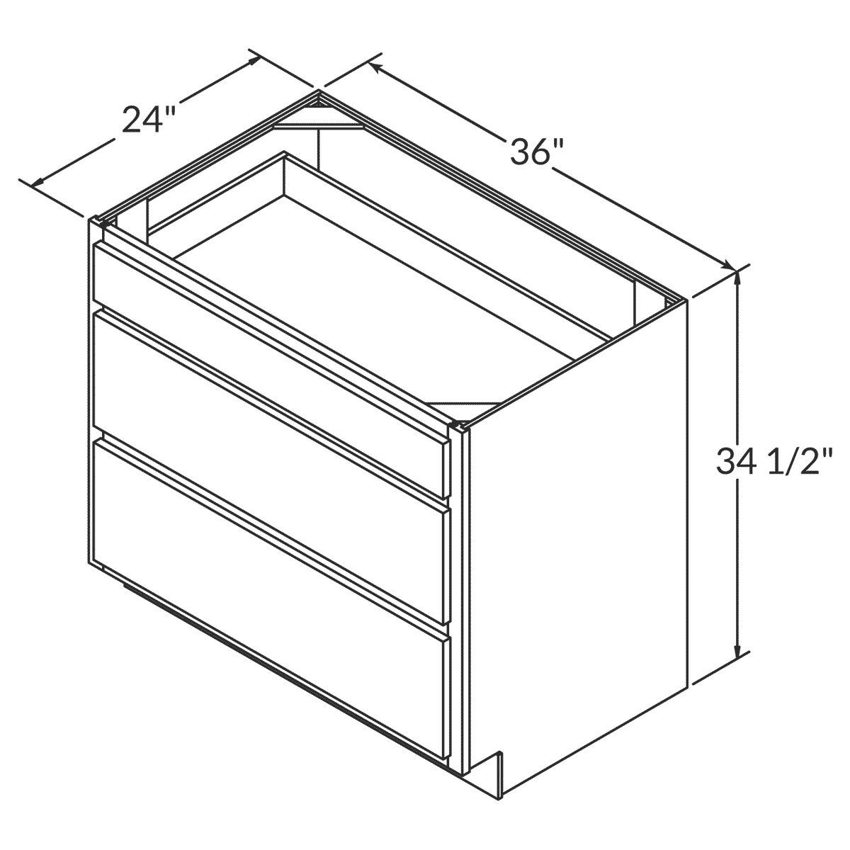 LessCare Newport Drawer Base 36"W Shaker Cabinet Wireframe